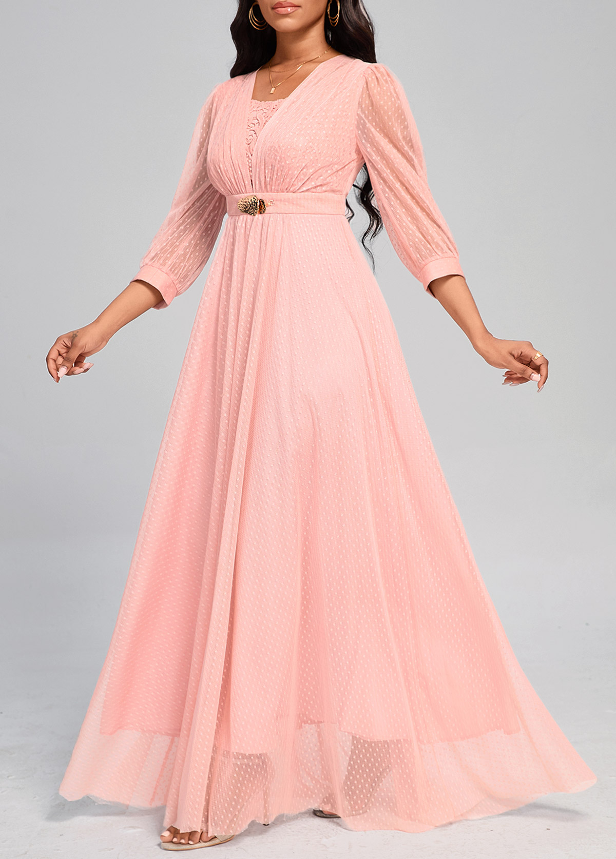 Patchwork Mesh Pink Three Quarter Length Sleeve Dress