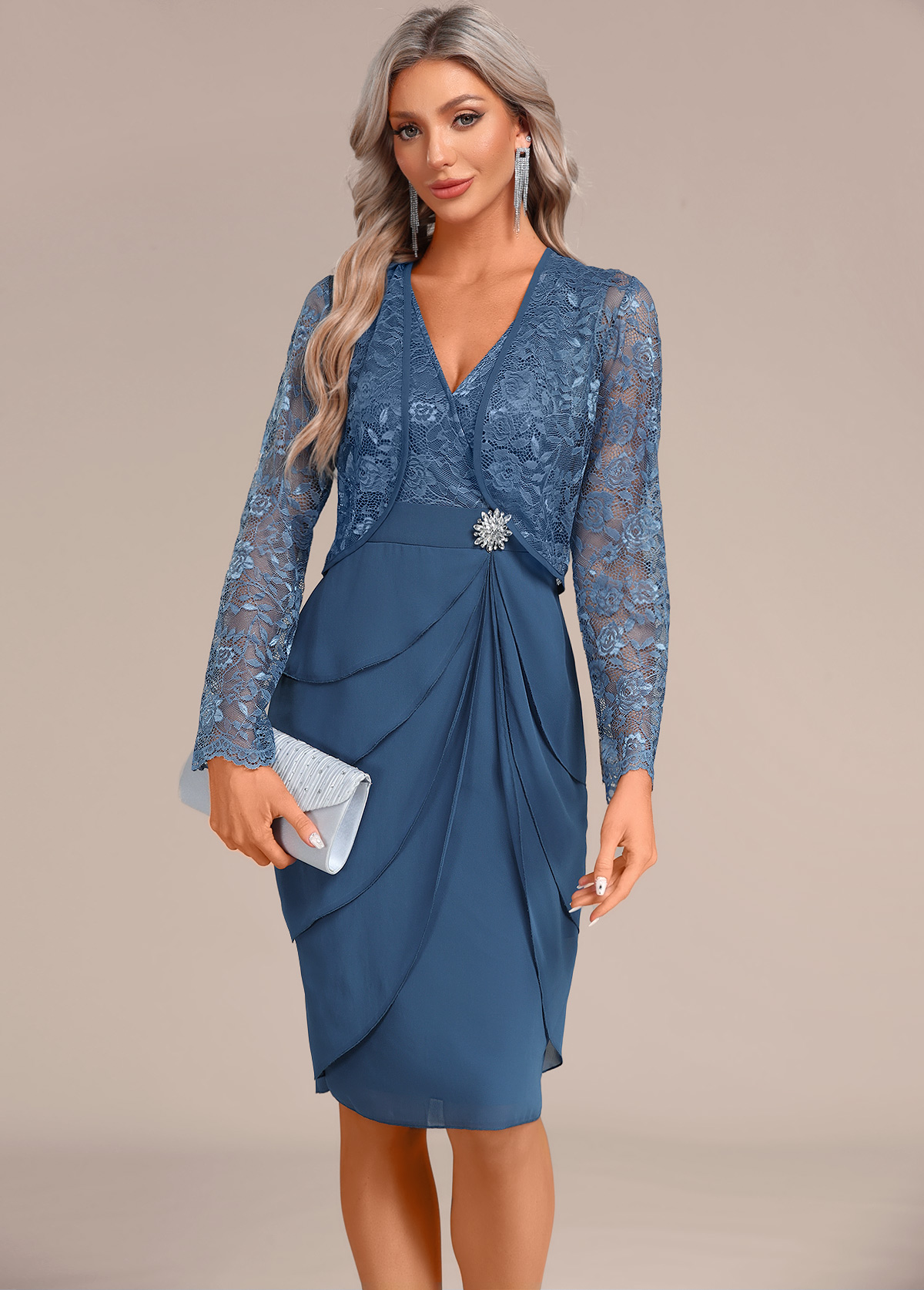 Layered Peacock Blue Two Piece Suit Dress and Cardigan