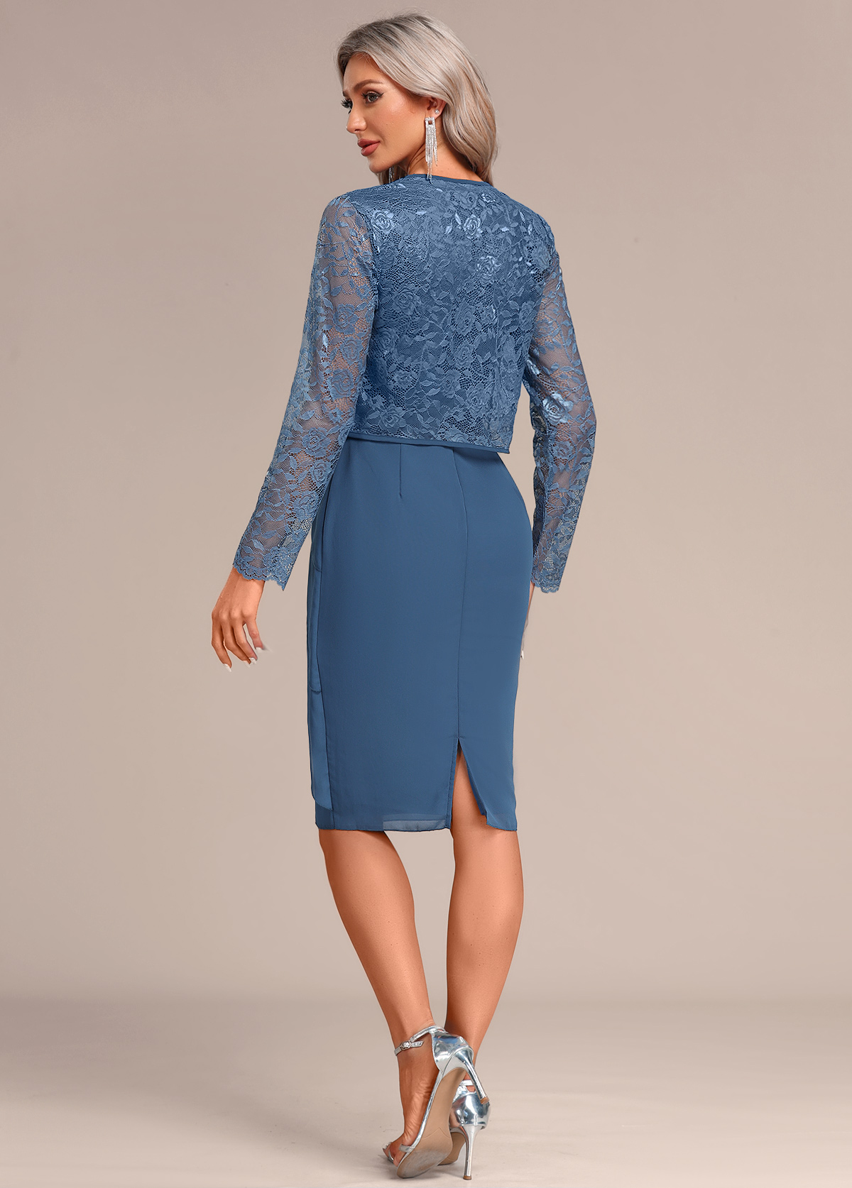 Layered Peacock Blue Two Piece Suit Dress and Cardigan
