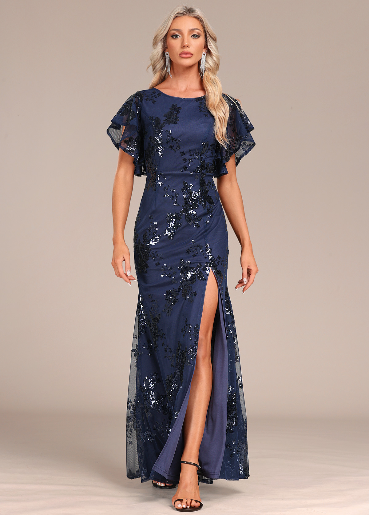 Sequin Lace Navy Round Neck Maxi Dress