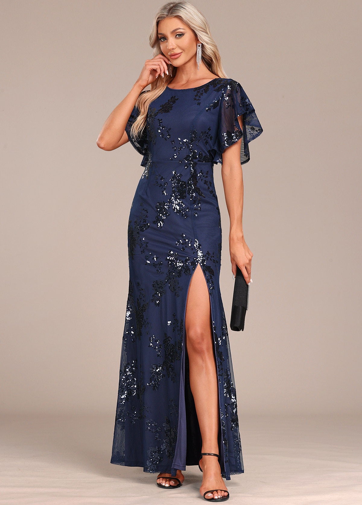 Sequin Lace Navy Round Neck Maxi Dress