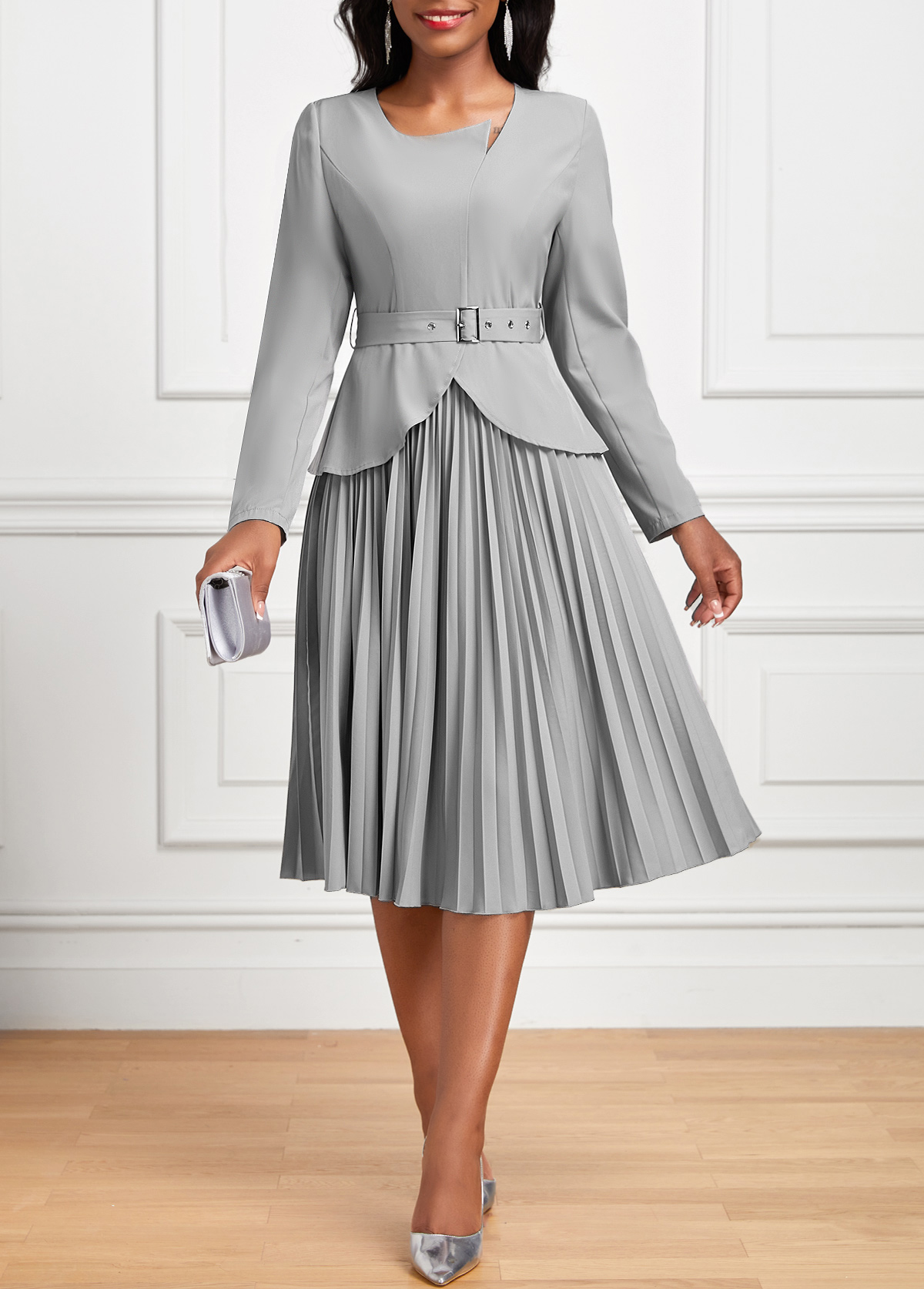 Pleated Belted Grey Long Sleeve Asymmetrical Neck Dress