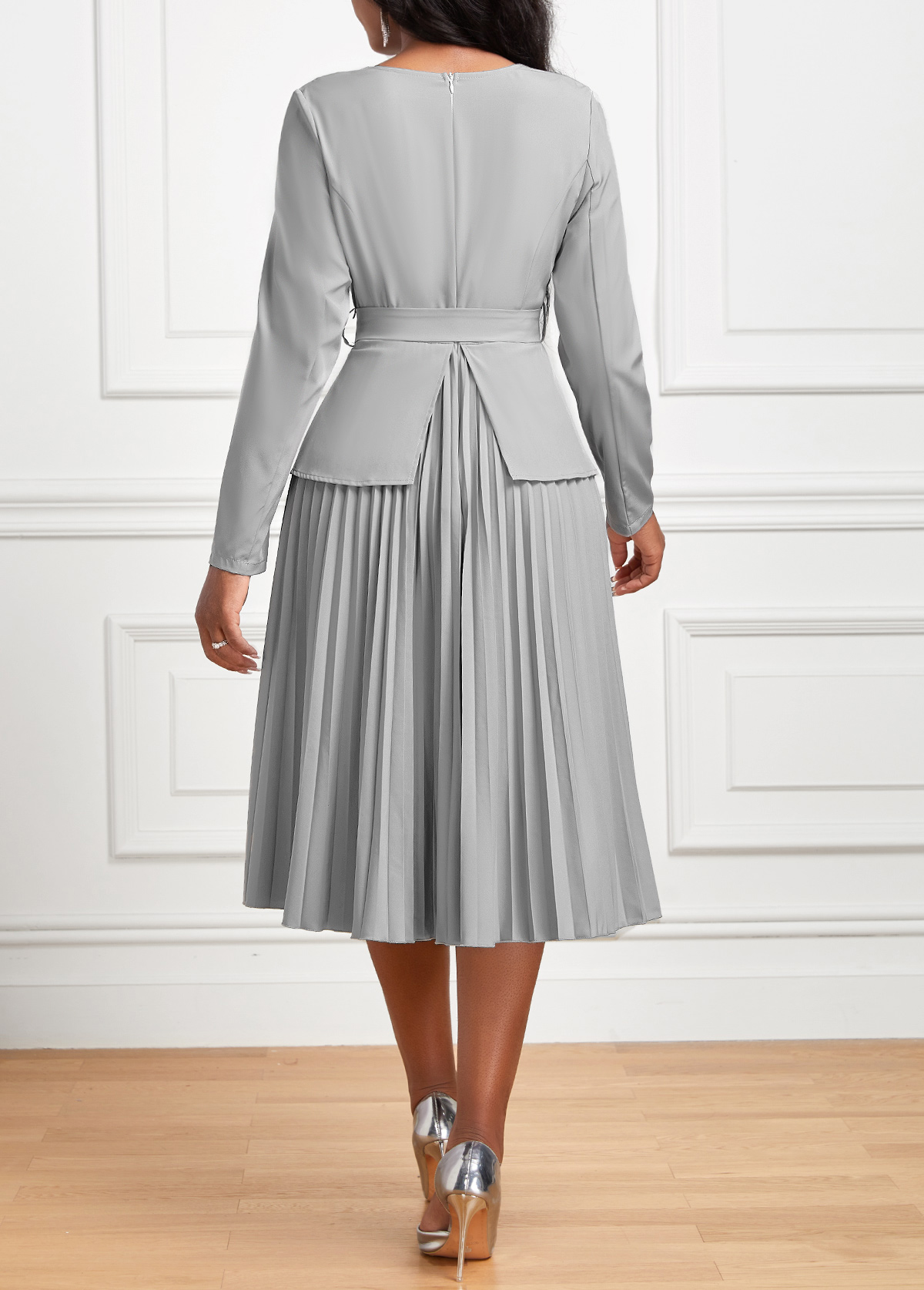 Pleated Belted Grey Long Sleeve Asymmetrical Neck Dress