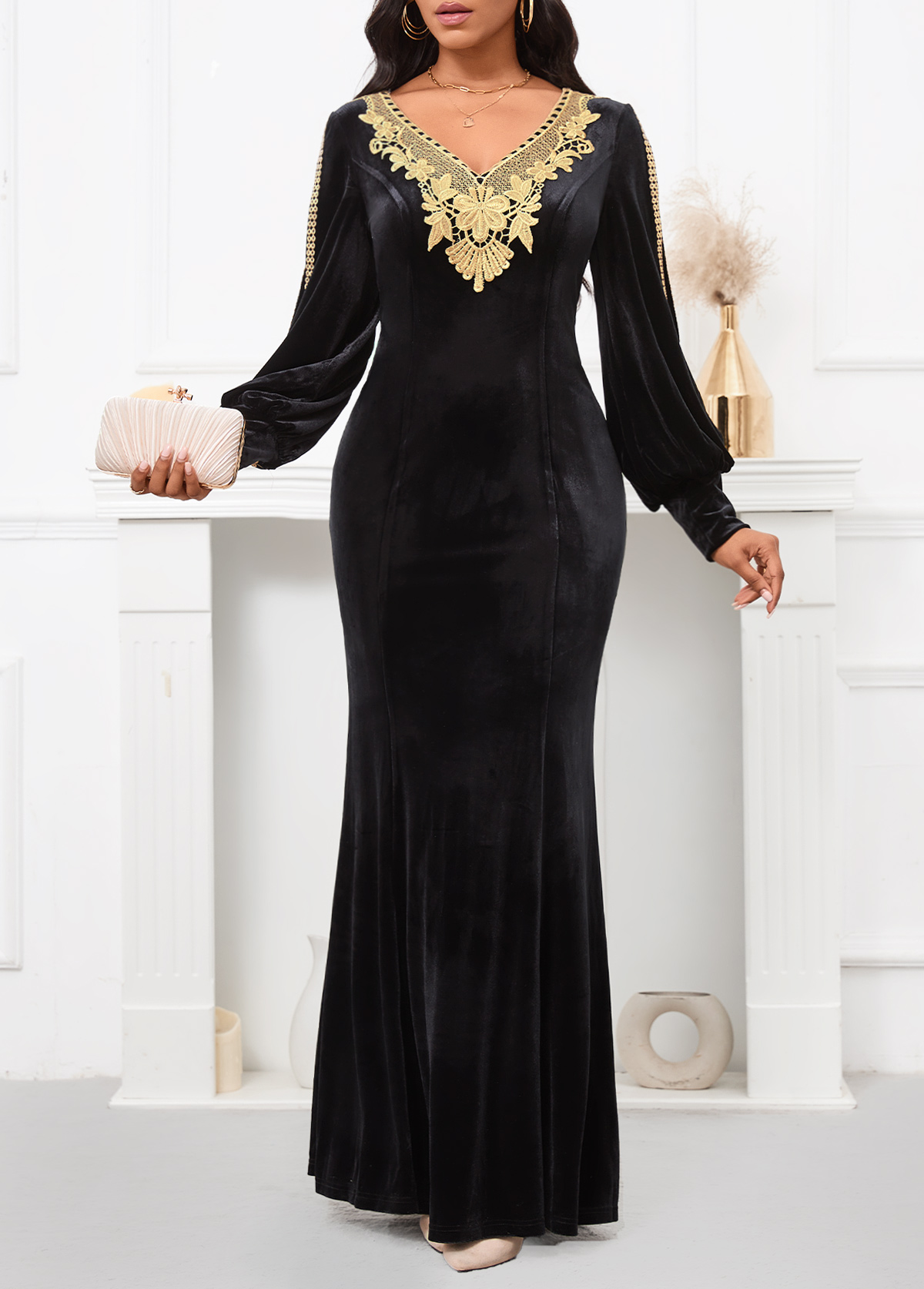 Velvet Black Long Sleeve V Neck Maxi Bodycon Dress