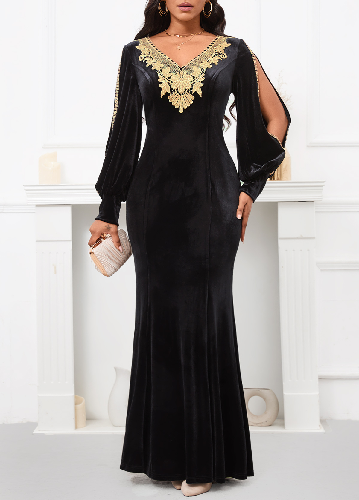 Velvet Black Long Sleeve V Neck Maxi Bodycon Dress