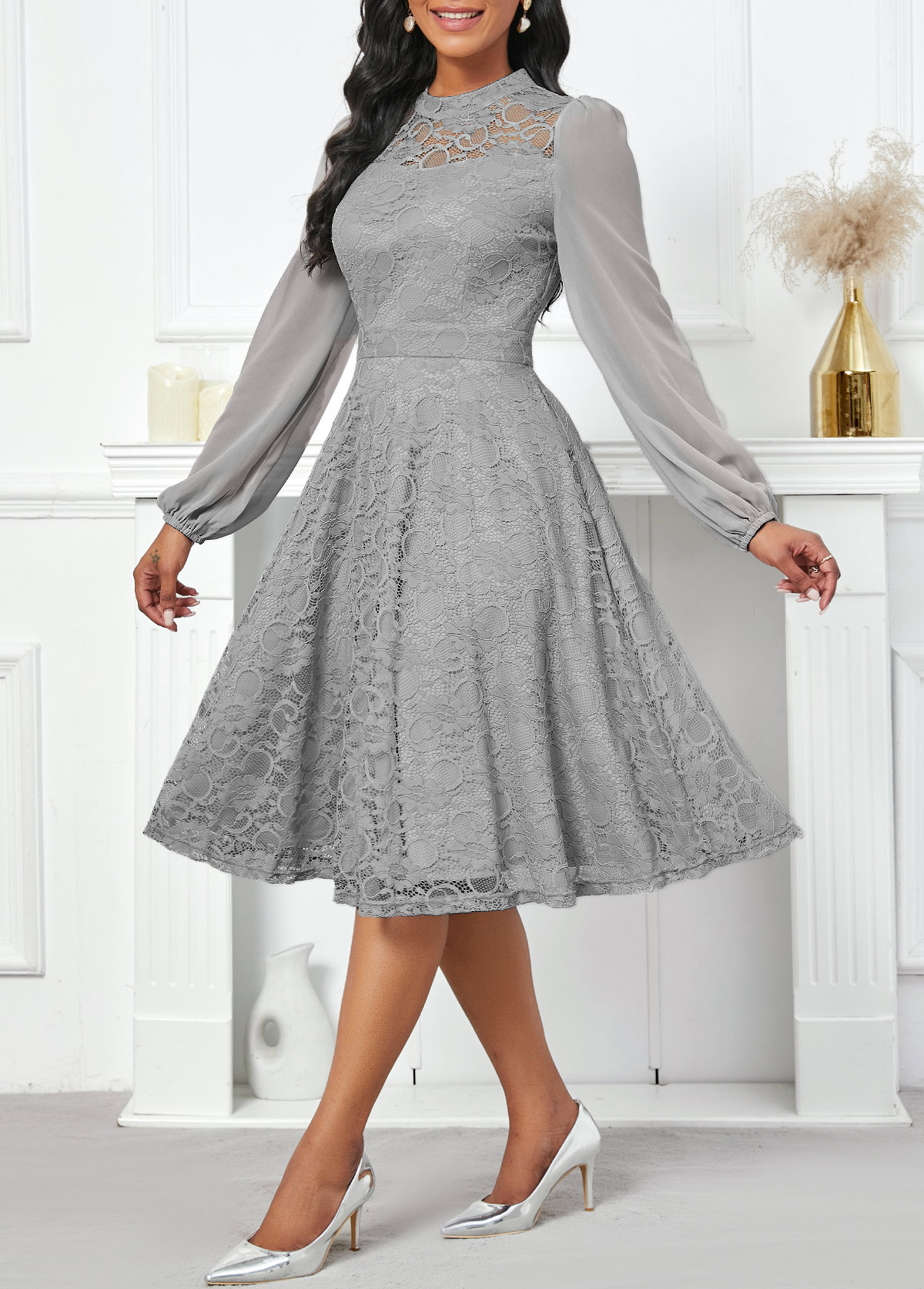 Lace Grey Long Sleeve Stand Collar Dress