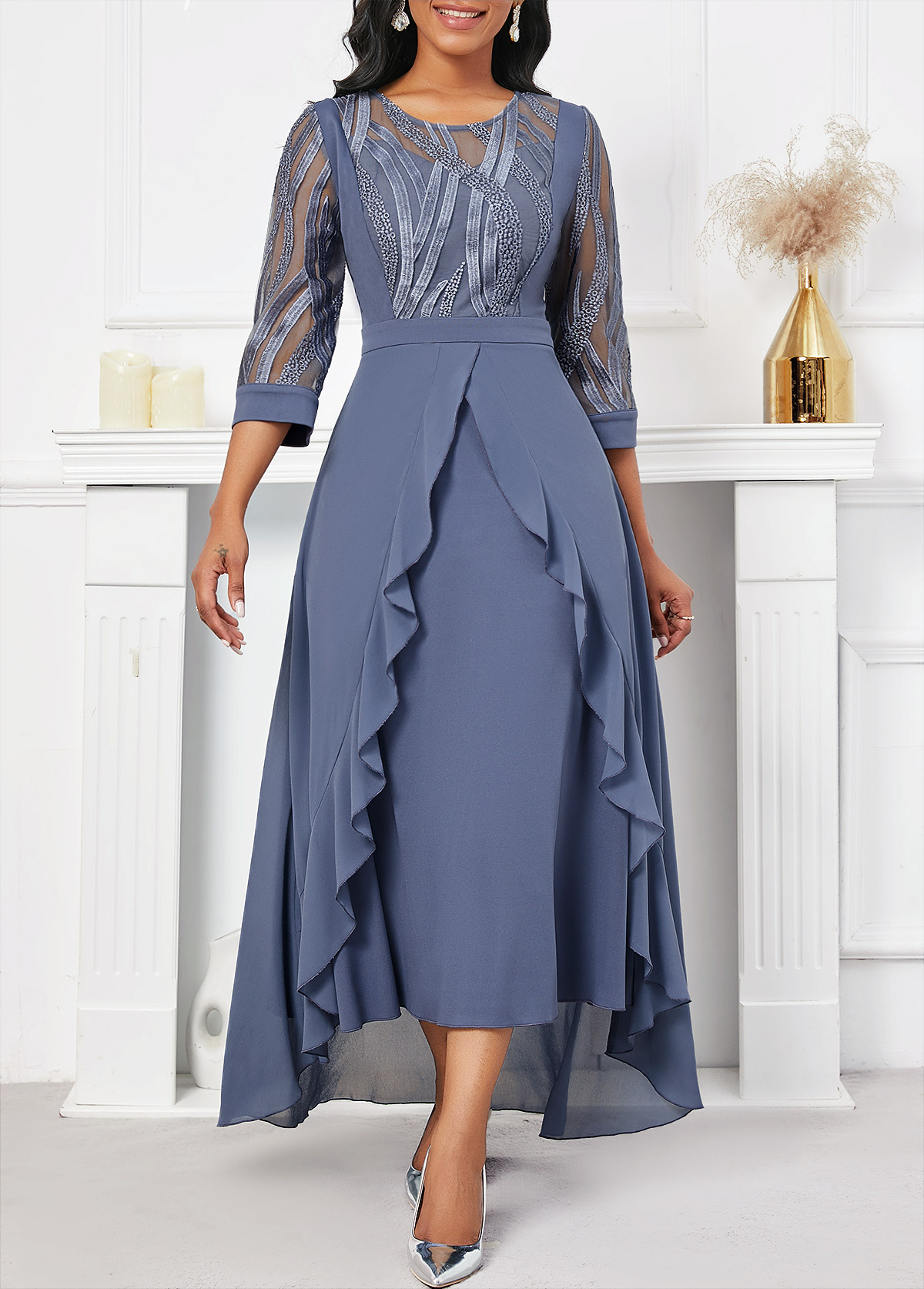 Dusty Blue High Low Round Neck Embroidery Dress