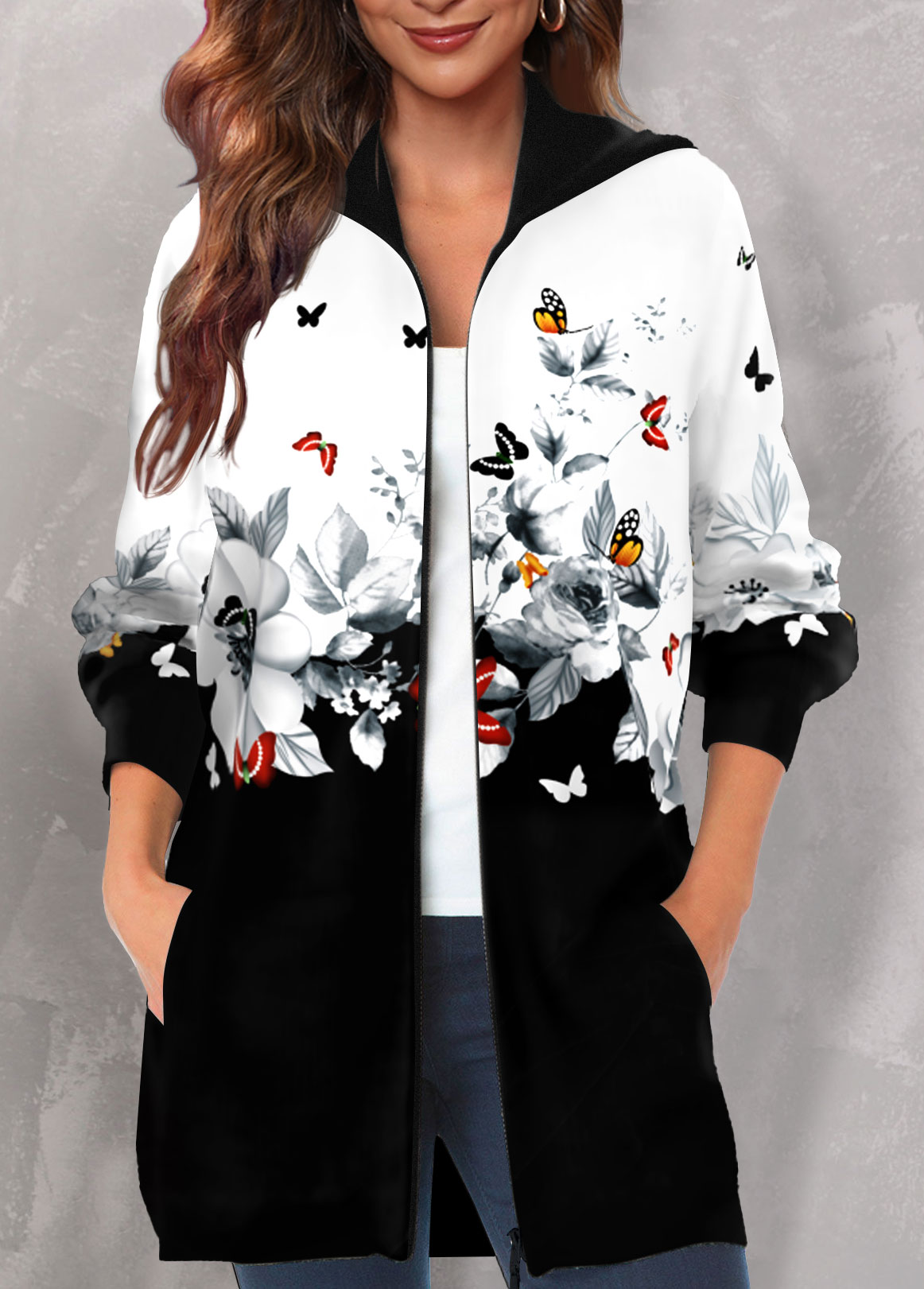 Plus Size Multi Color Pocket Floral Print Hooded Coat