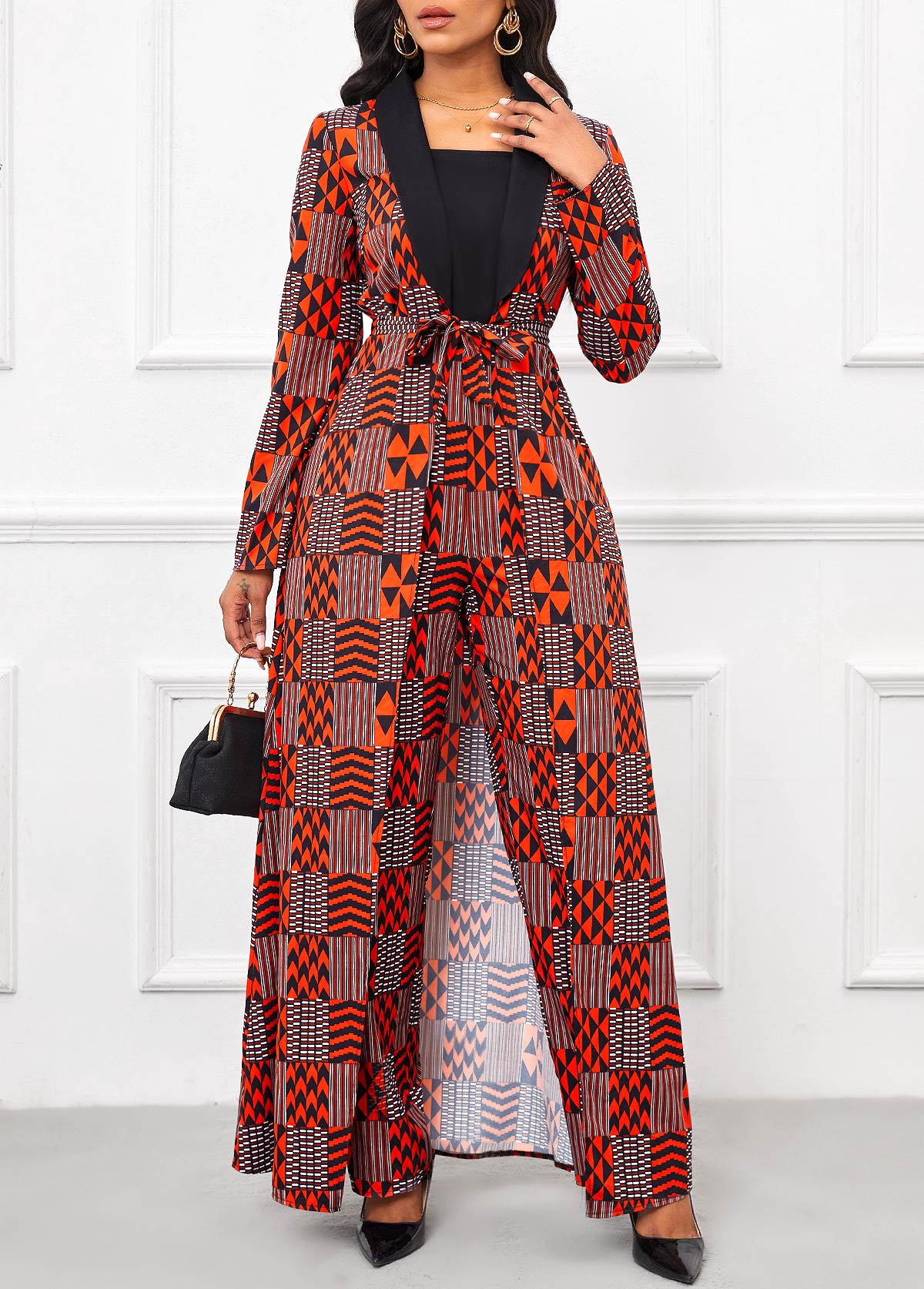 Geometric Print Layered Belted Red Long Square Neck Jumpsuit