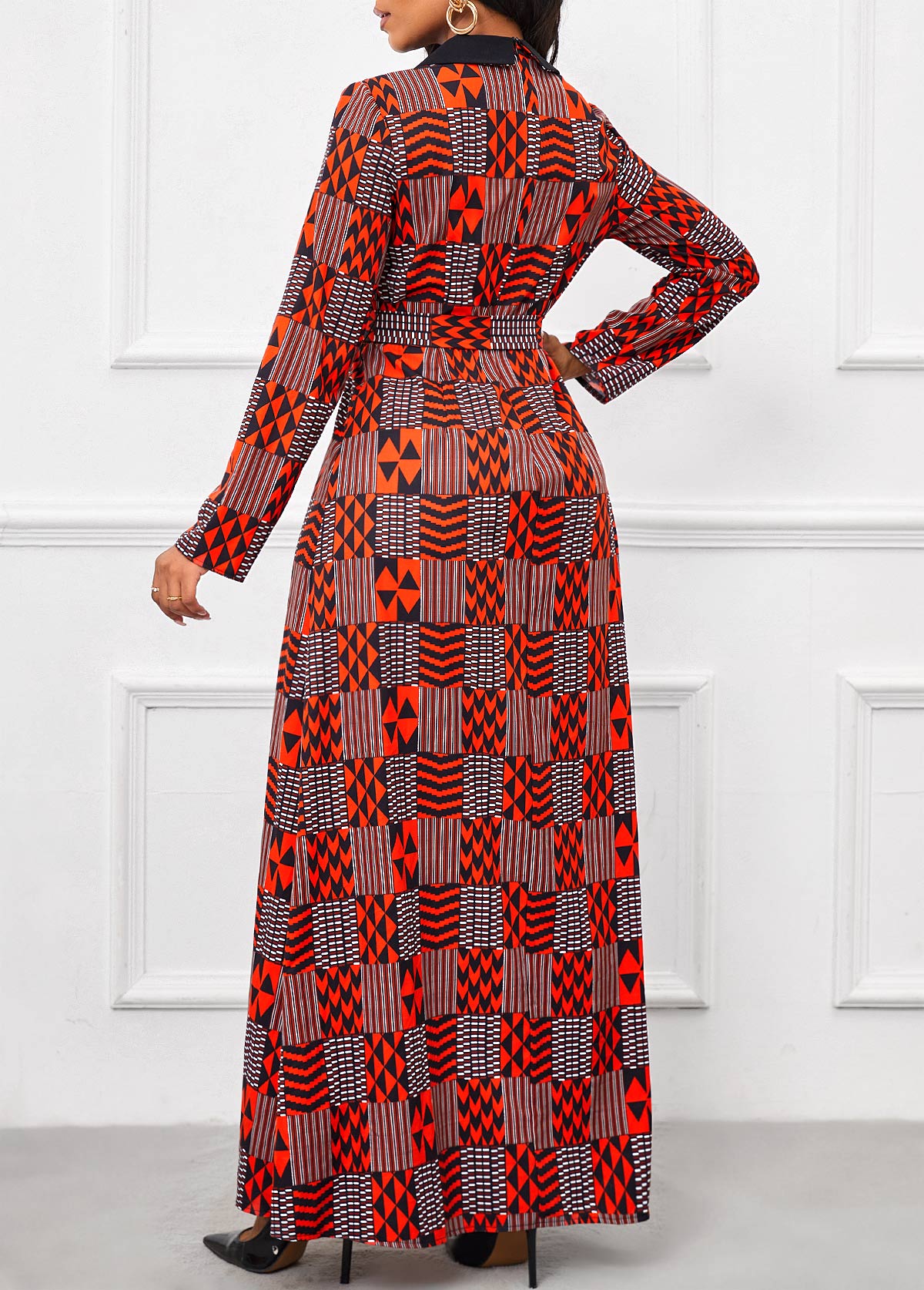 Geometric Print Layered Belted Red Long Square Neck Jumpsuit