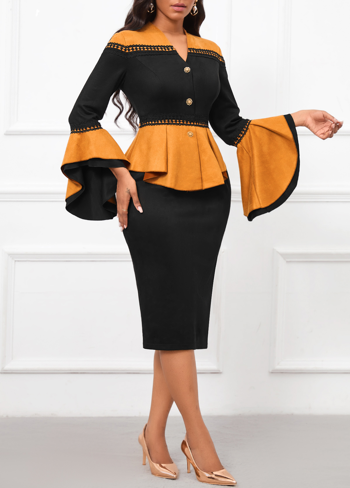 Patchwork Black Long Sleeve V Neck Dress | Rosewe.com - USD $46.98