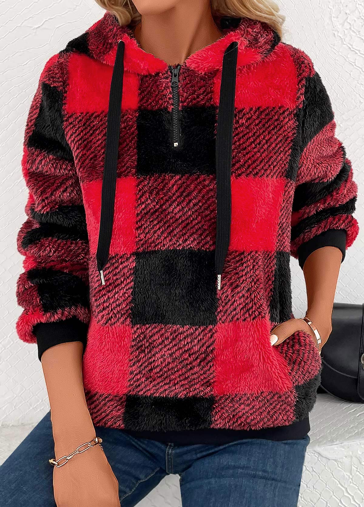 Plaid Pocket Red Long Sleeve Hooded Sweatshirt