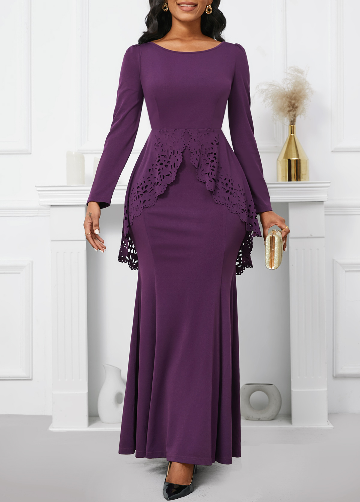 Dark Reddish Purple Long Sleeve Maxi Mermaid Bodycon Dress