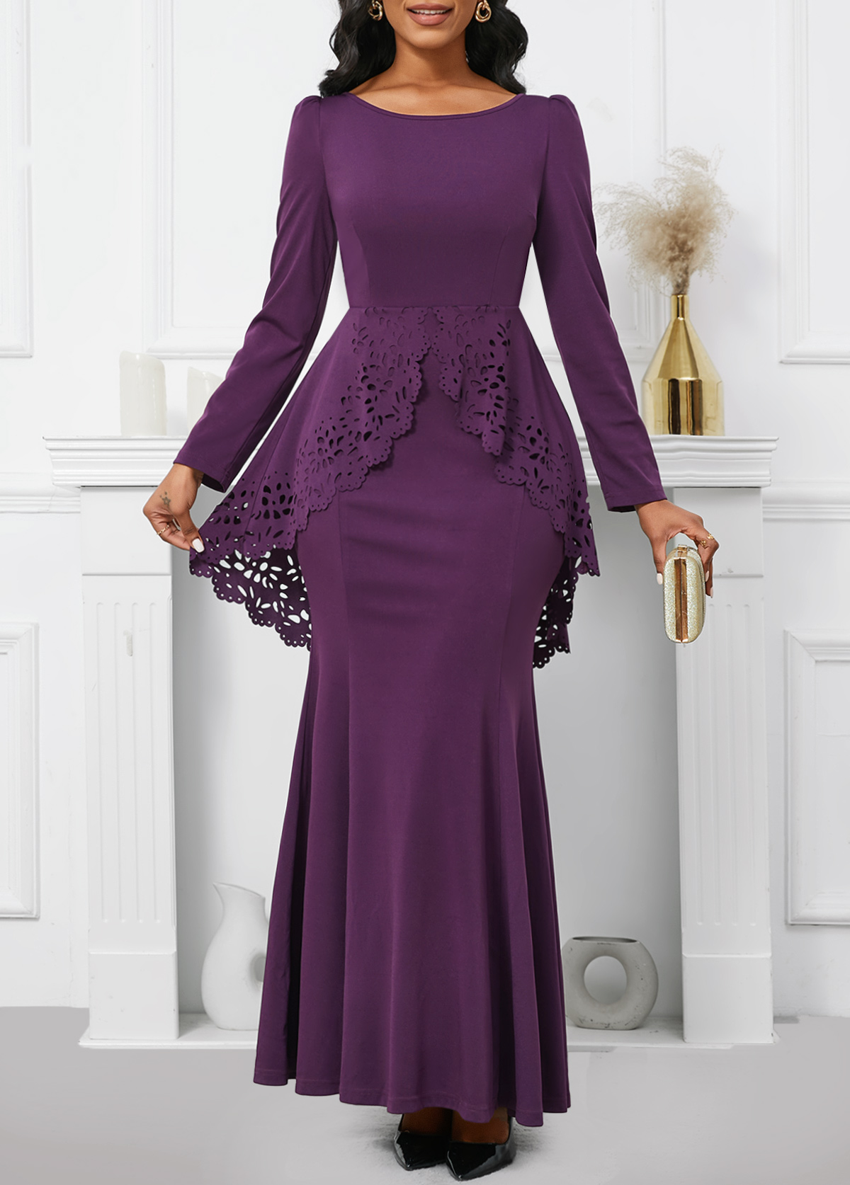 Dark Reddish Purple Long Sleeve Maxi Mermaid Bodycon Dress