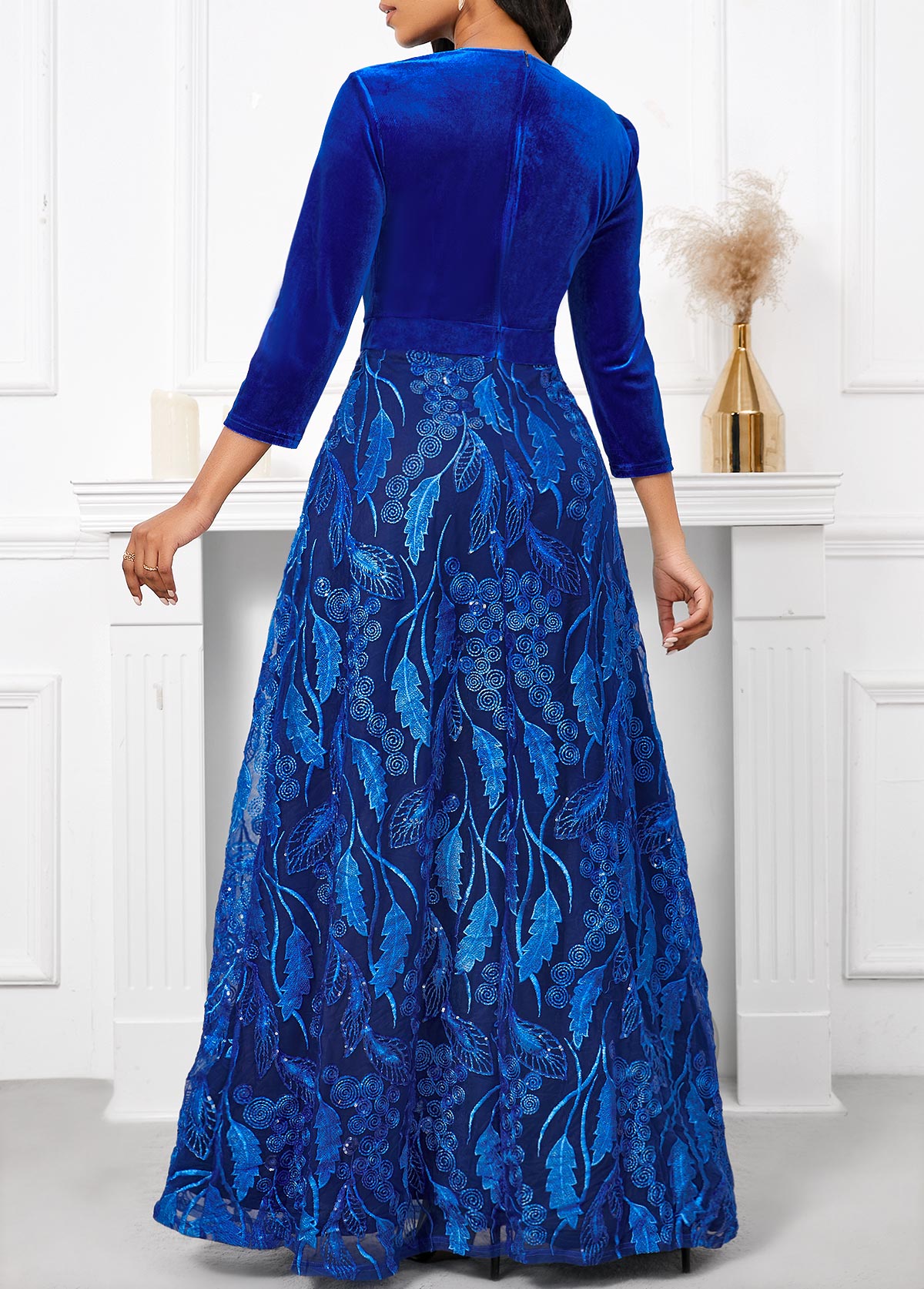 Velvet Royal Blue Three Quarter Length Sleeve Maxi Dress