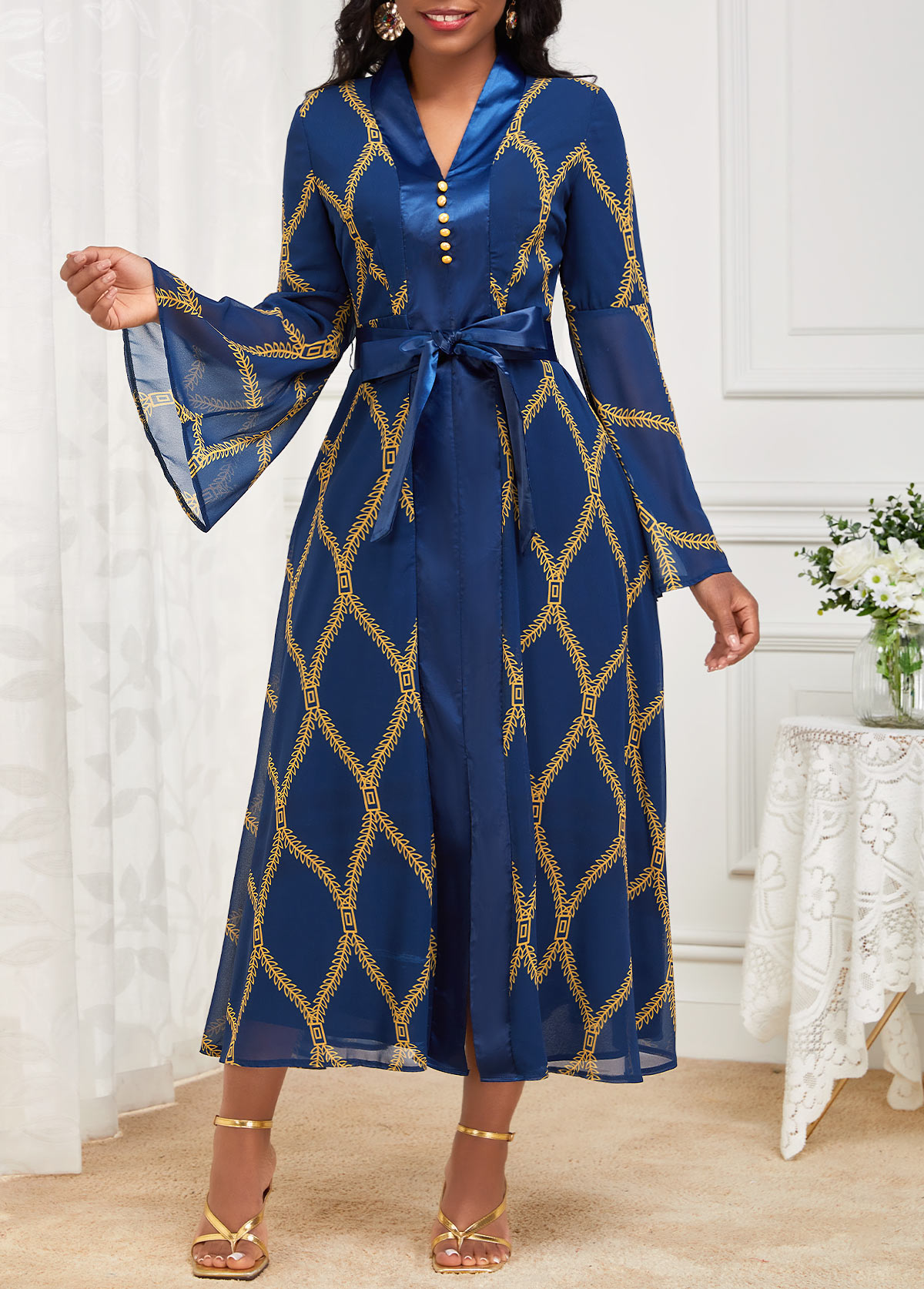 Tribal Print Patchwork Belted Navy New Year Dress