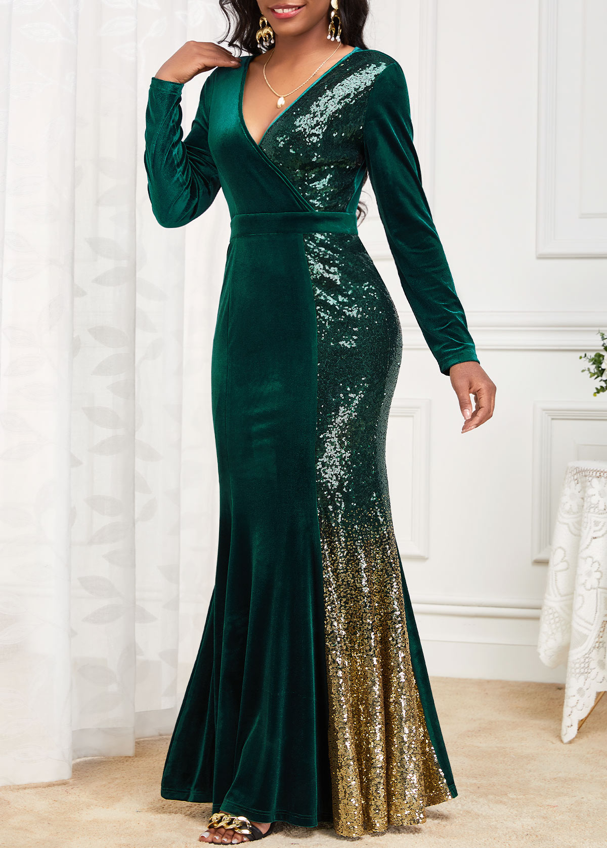 Ombre Mermaid Blackish Green Long Sleeve Maxi Bodycon Dress