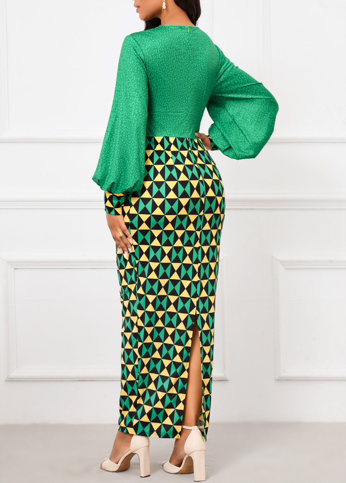 Geometric Print Patchwork Green Maxi Bodycon Dress