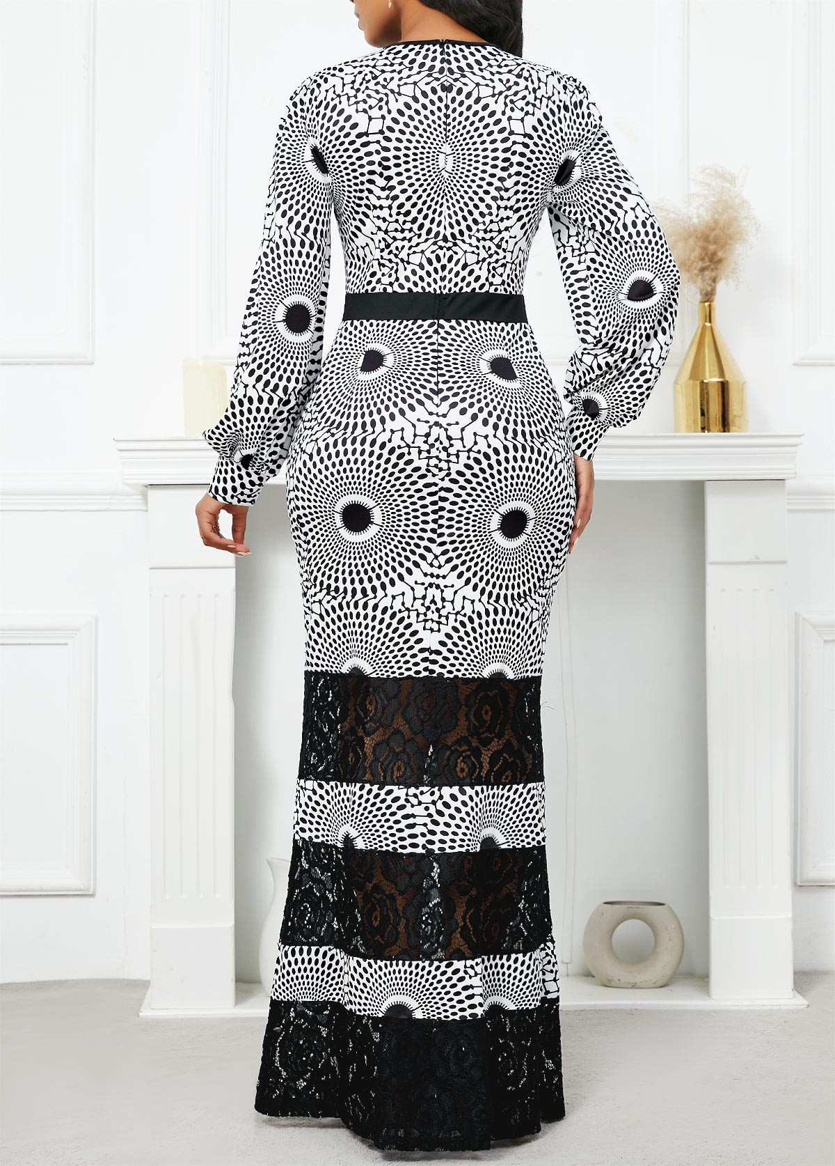 Tribal Print Lace Black Long Sleeve Maxi Bodycon Dress