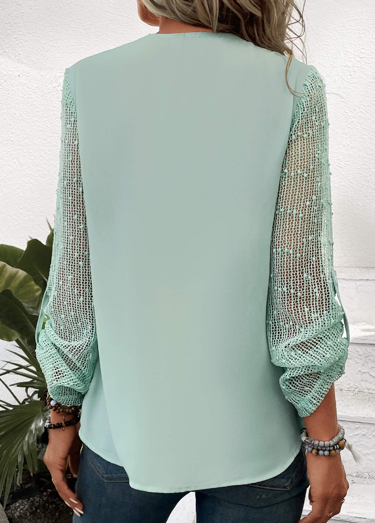 Lace Green Long Sleeve Round Neck Blouse