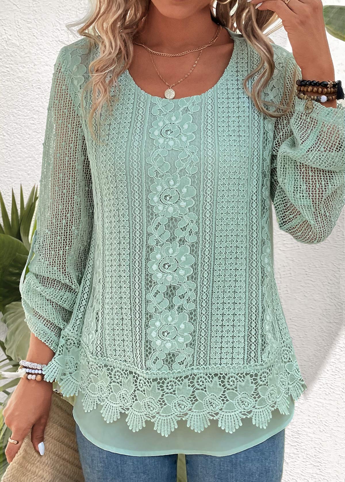 Lace Green Long Sleeve Round Neck Blouse