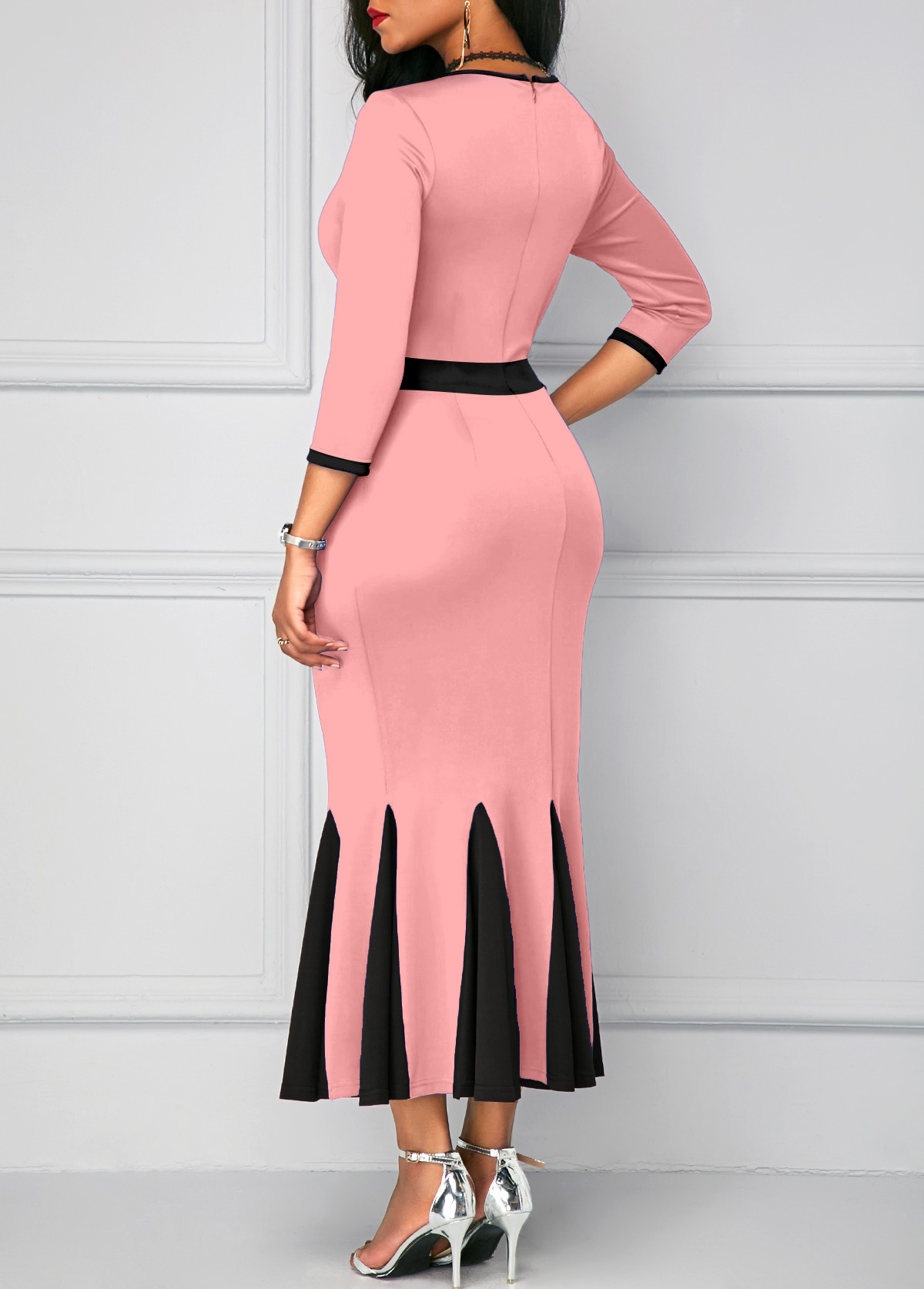 Cut Out Pink Three Quarter Length Sleeve Dress