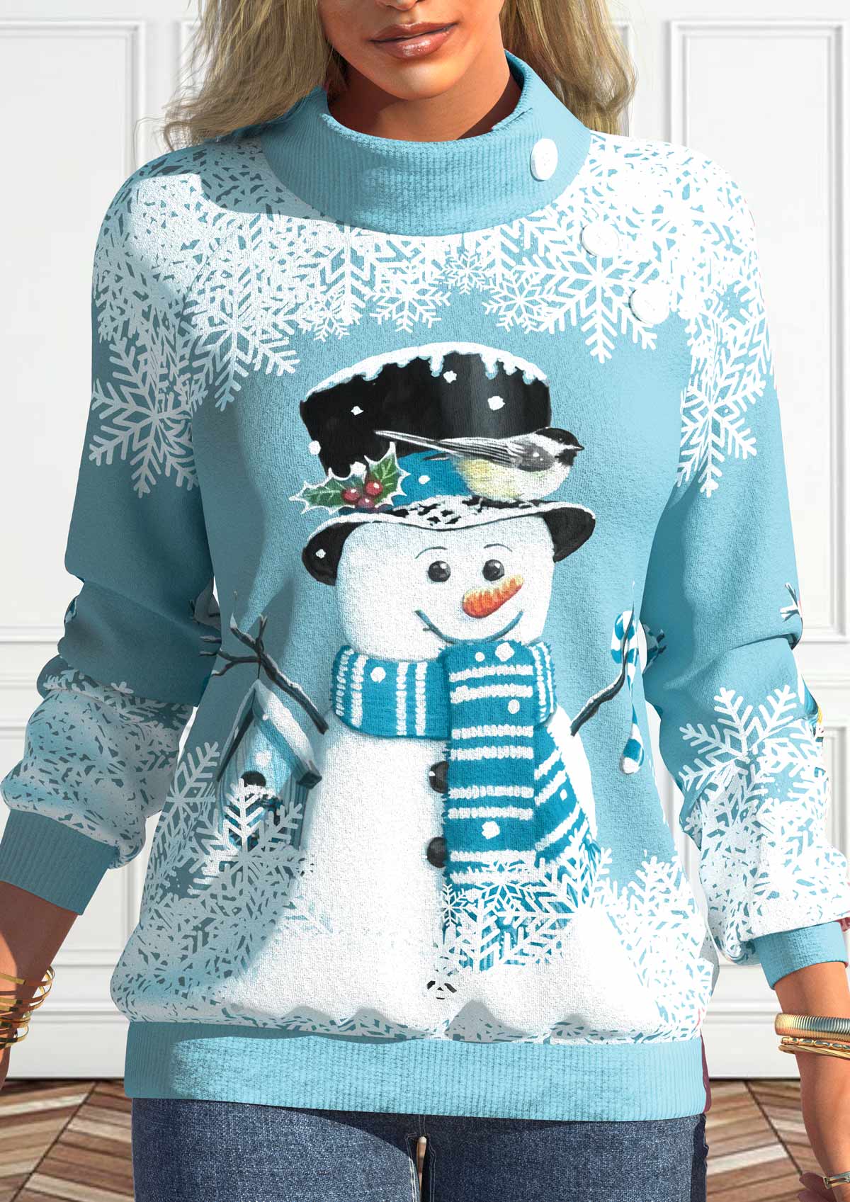 Snowman Print Button Light Blue Long Sleeve Sweatshirt