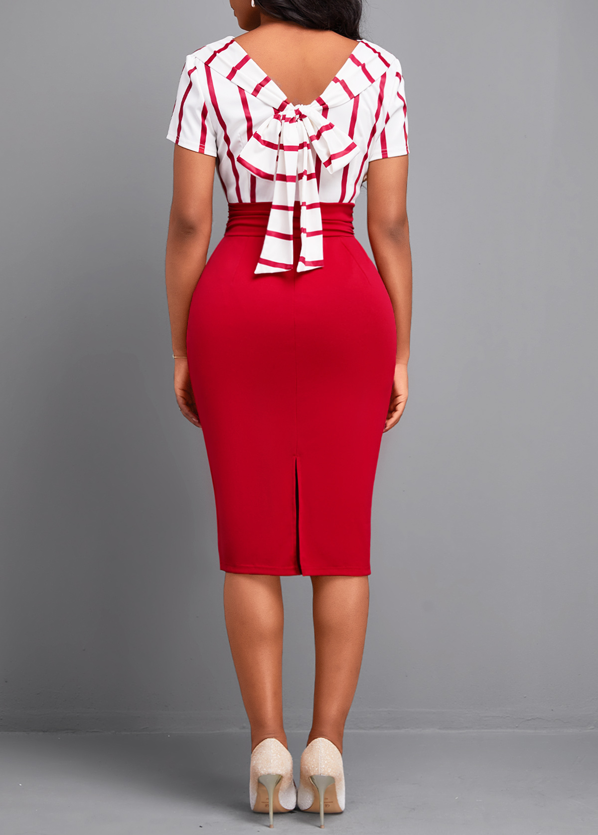 Striped Bowknot Red Short Sleeve Draped Neck Bodycon Dress