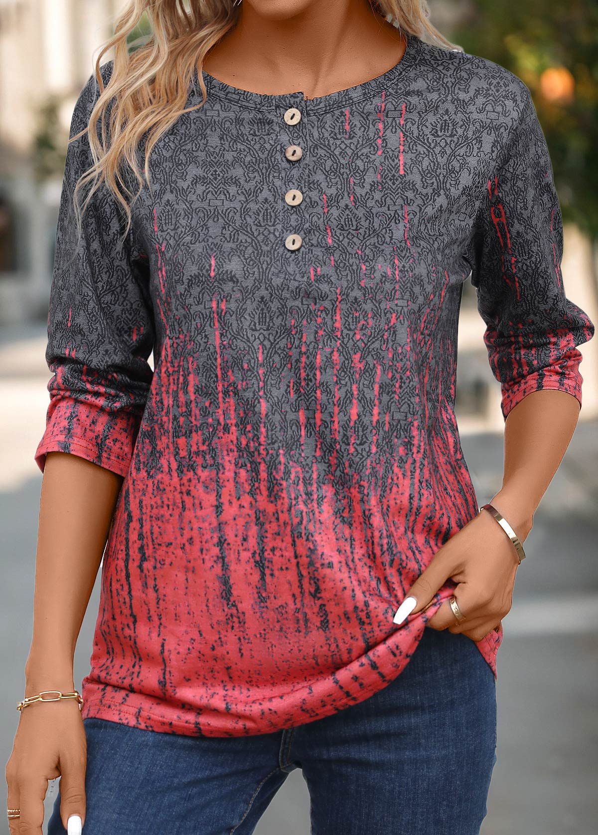 Ombre Button Coral Three Quarter Length Sleeve T Shirt