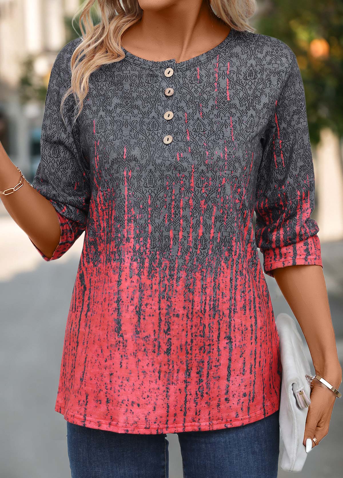 Ombre Button Coral Three Quarter Length Sleeve T Shirt