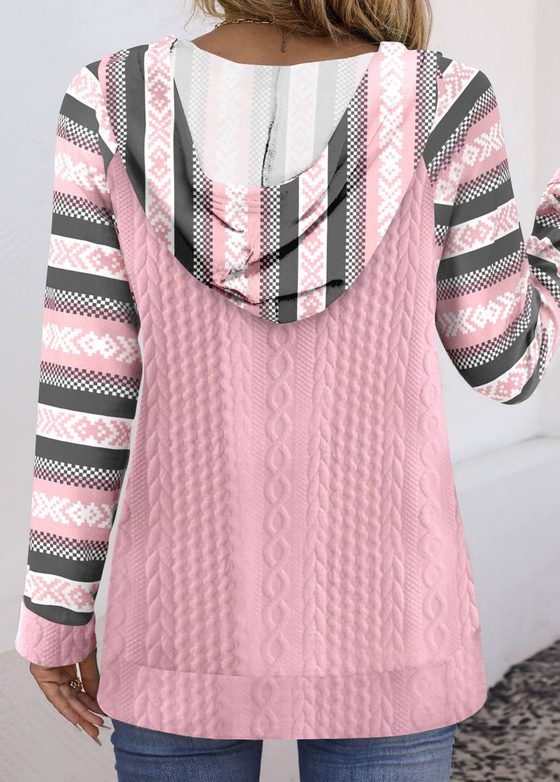 Multi Stripe Print Textured Fabric Pink Long Sleeve Hoodie