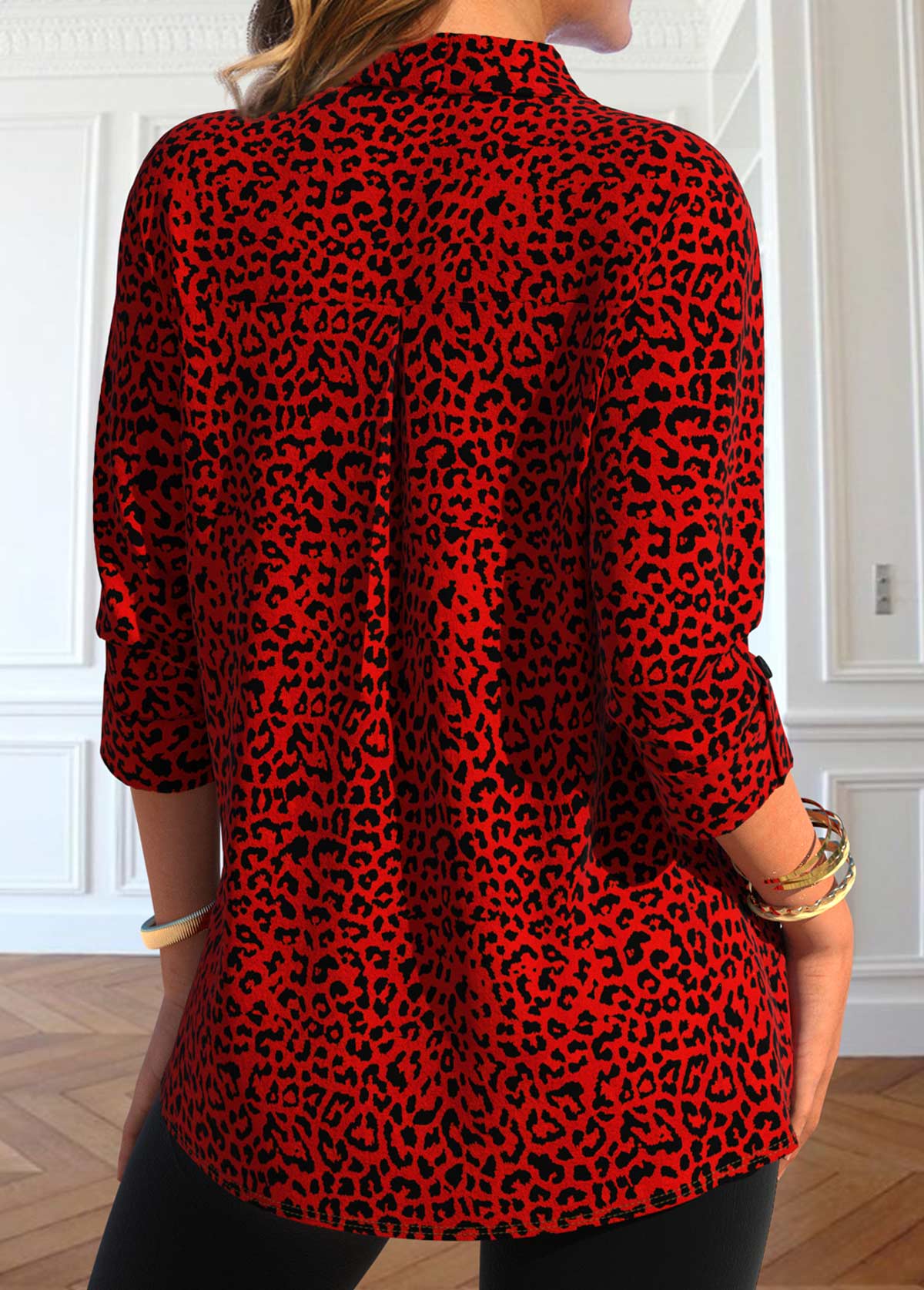 Plus Size Red Button Leopard Shirt Collar Blouse