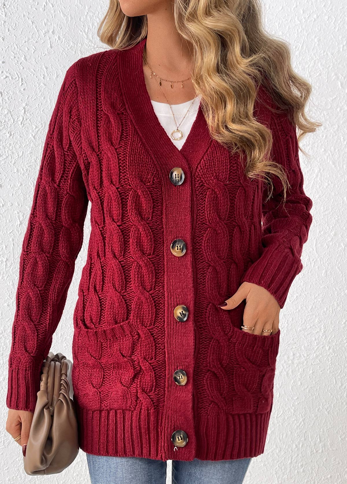 Button Wine Red Long Sleeve V Neck Cardigan