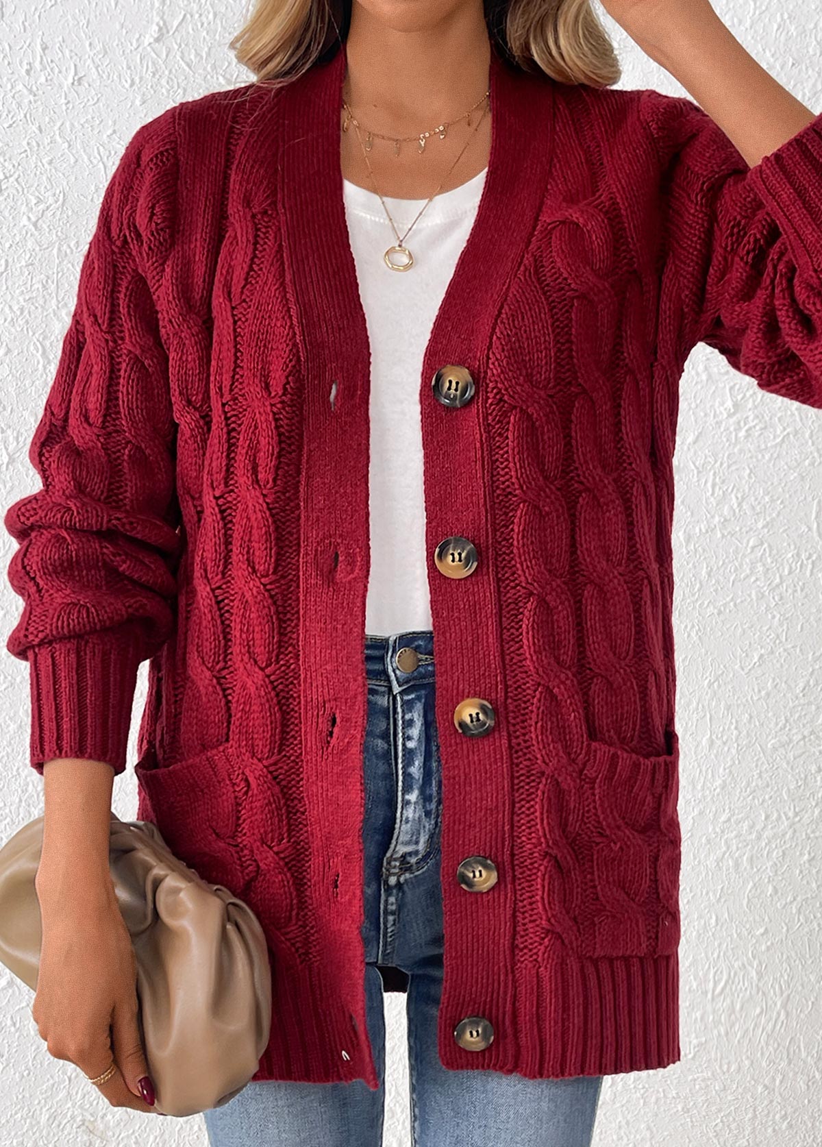 Button Wine Red Long Sleeve V Neck Cardigan