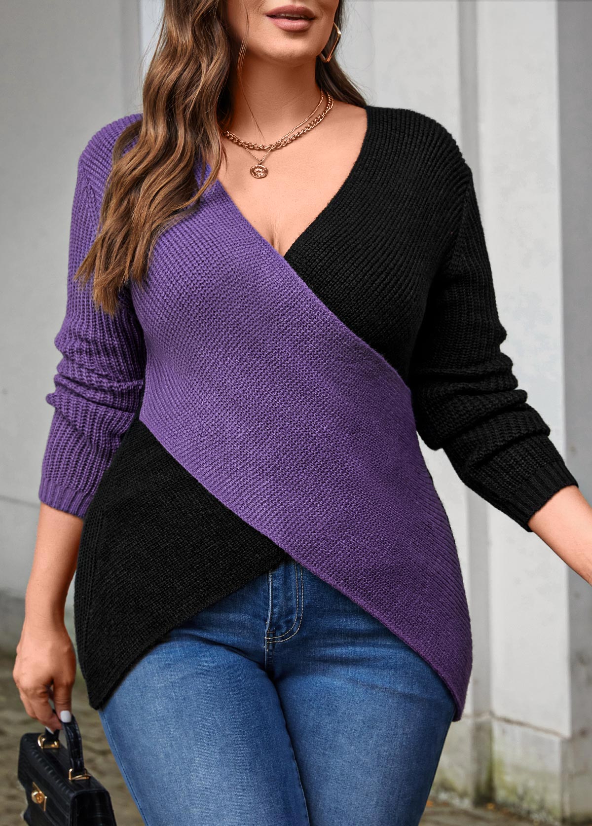 Purple Plus Size Criss Cross Long Sleeve Sweater
