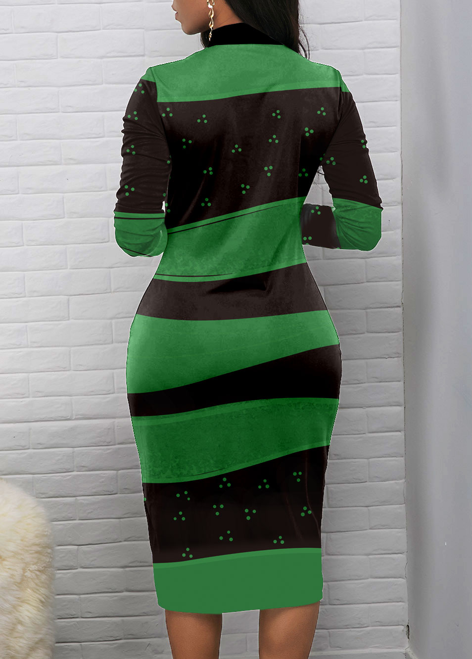 Geometric Print Zipper Green Long Sleeve Bodycon Dress