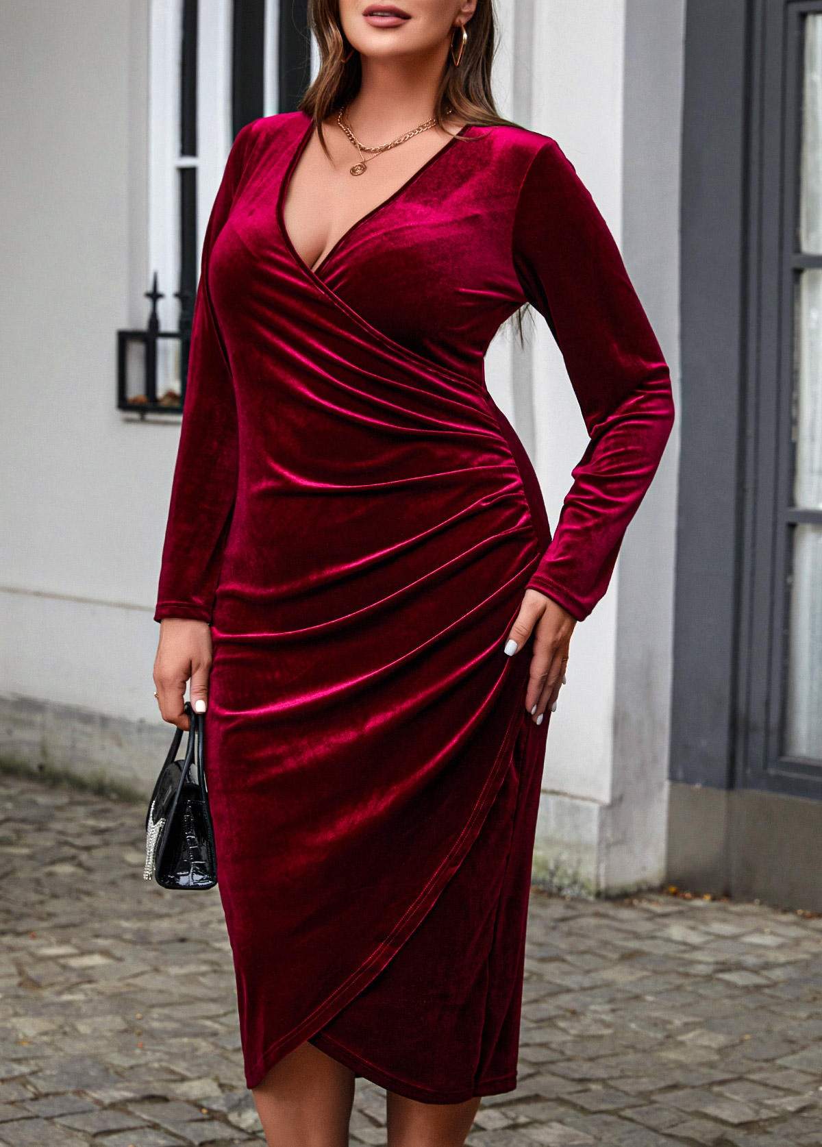 Long Sleeve Wine Red Plus Size Dress