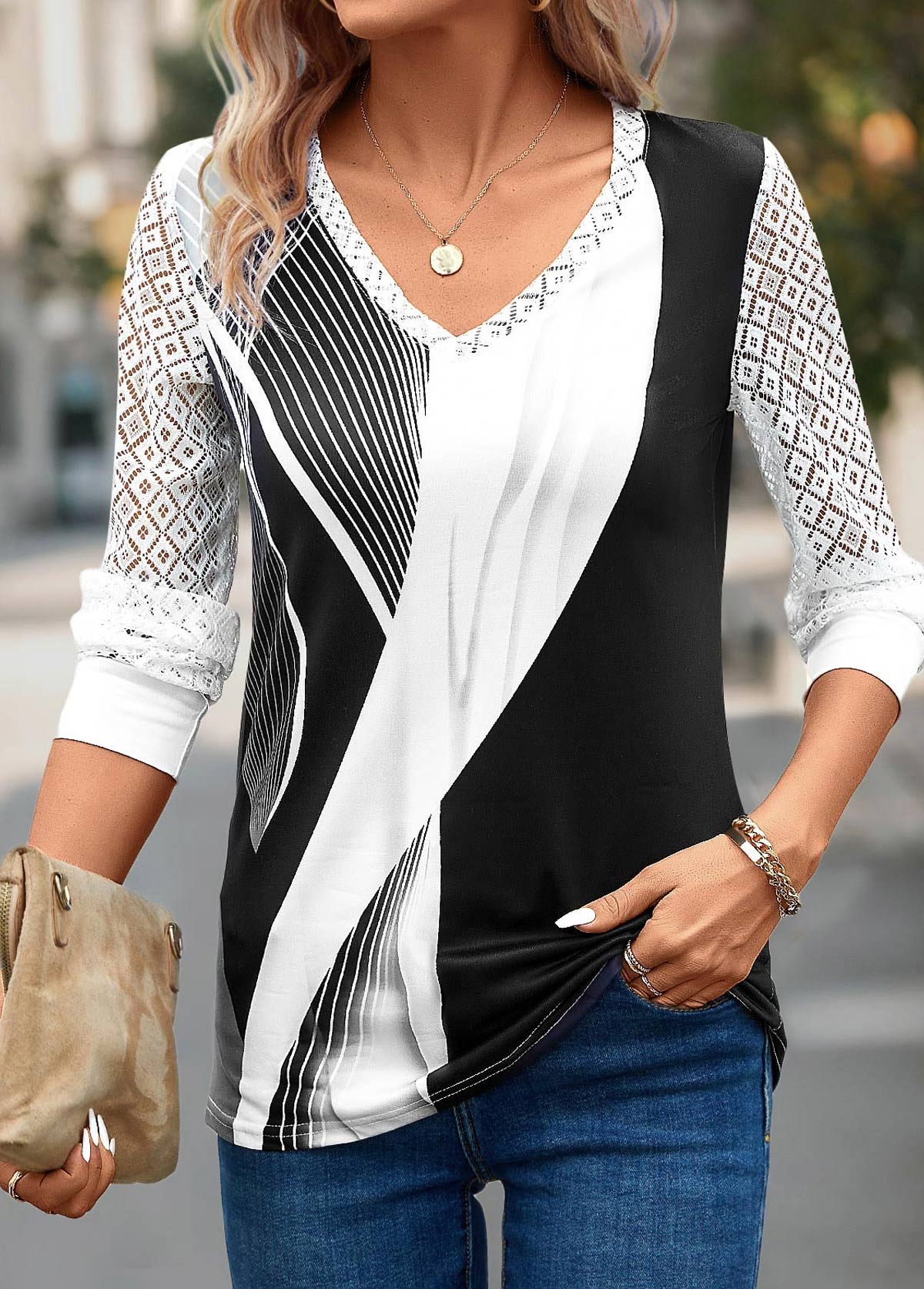 Geometric Print Lace Grey Long Sleeve T Shirt