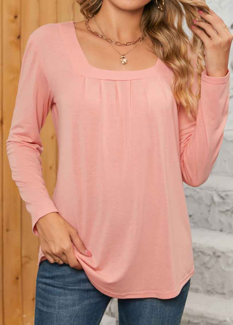 Ruched Dusty Pink Long Sleeve Square Neck T Shirt