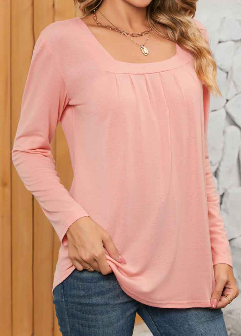 Ruched Dusty Pink Long Sleeve Square Neck T Shirt
