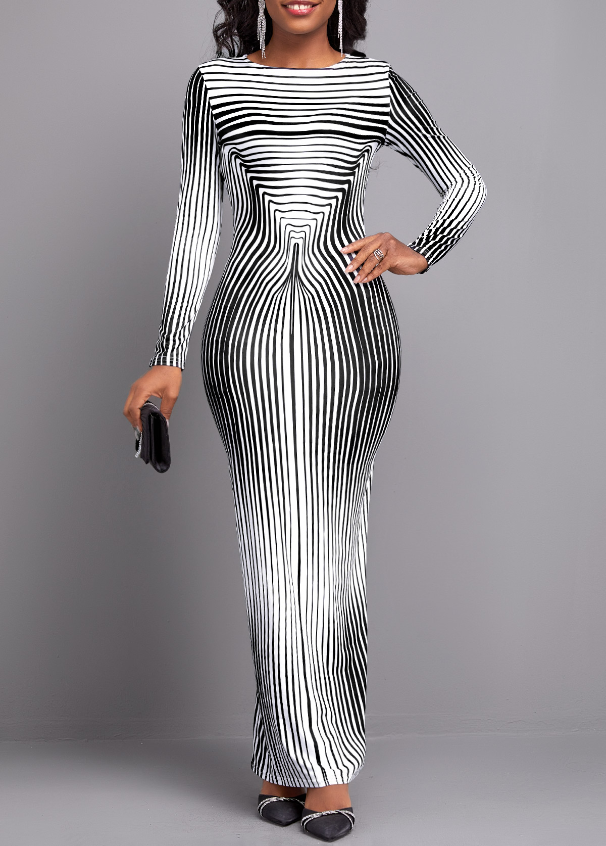 Striped Black Long Sleeve Round Neck Maxi Bodycon Dress