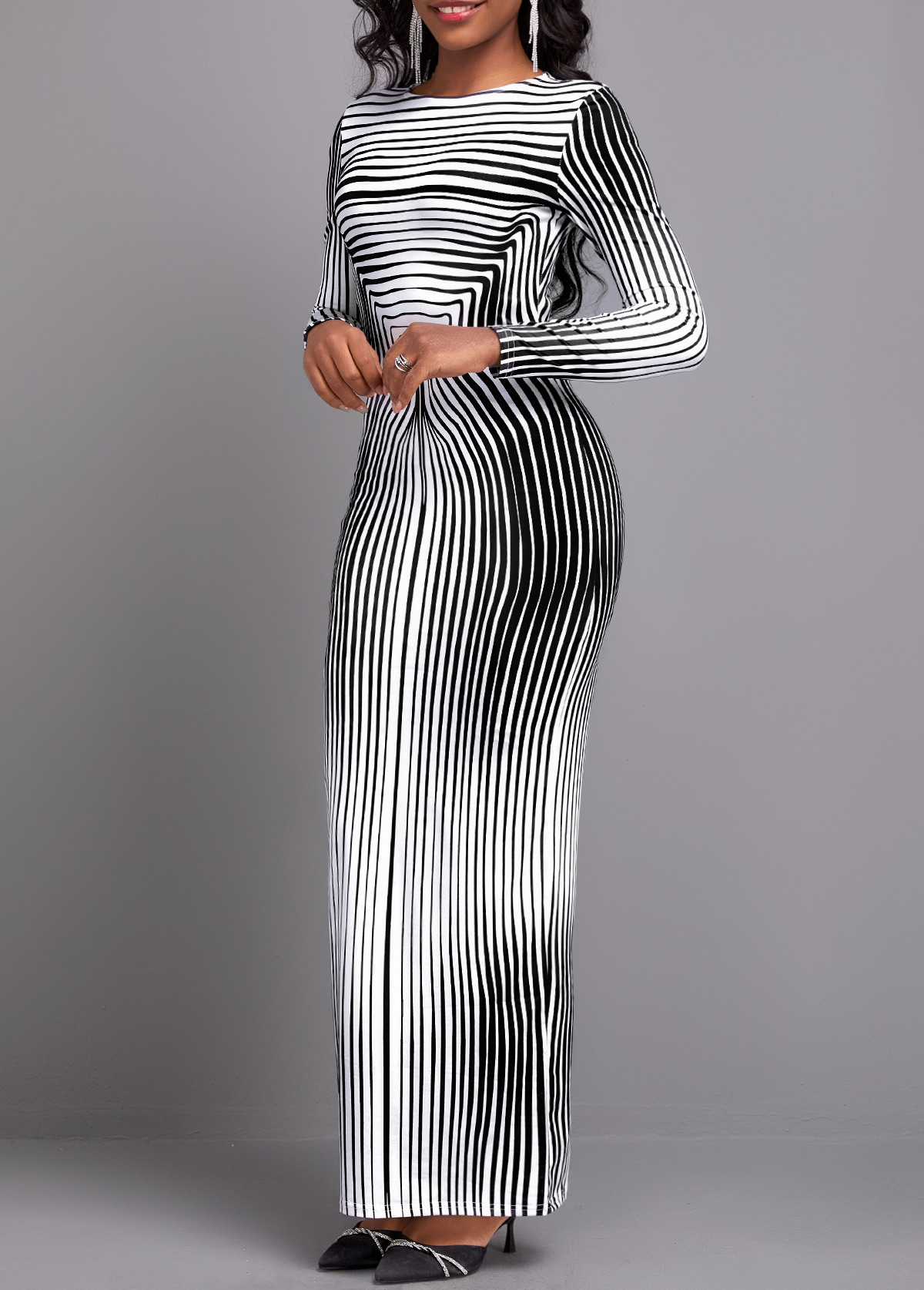 Striped Black Long Sleeve Round Neck Maxi Bodycon Dress
