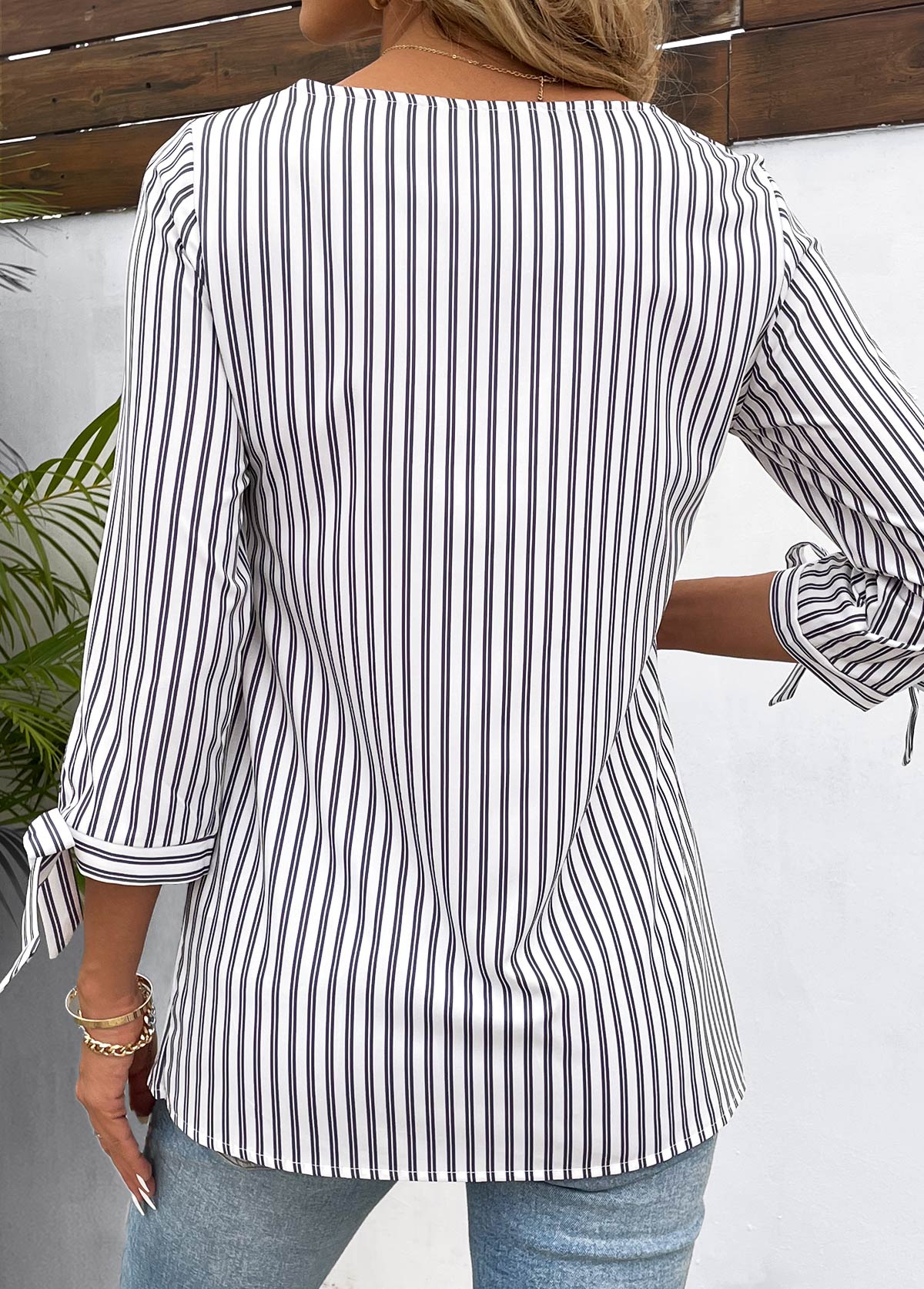 Striped Button Light Grey Three Quarter Length Sleeve Blouse