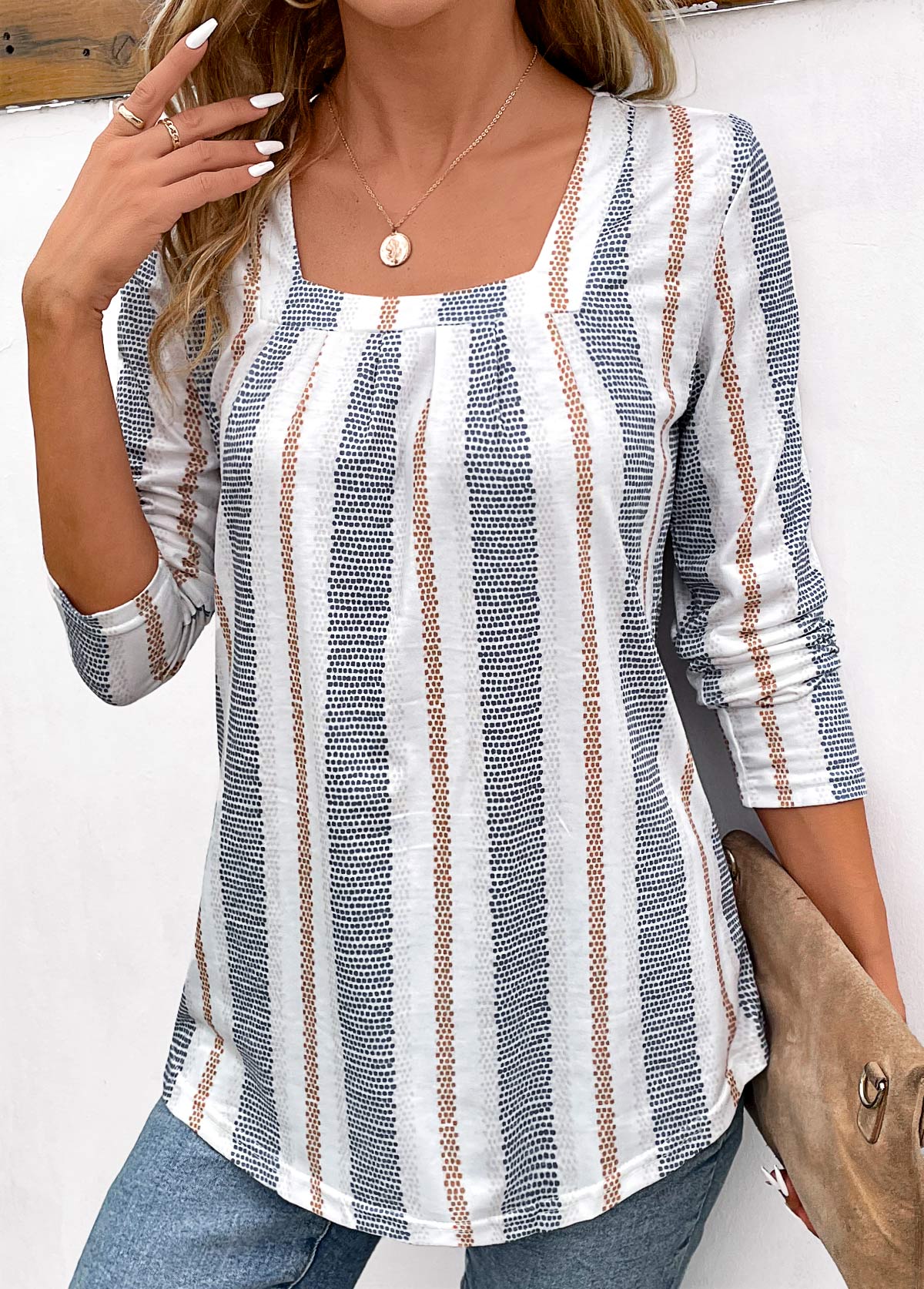 Striped Patchwork Long Sleeve Square Neck T Shirt