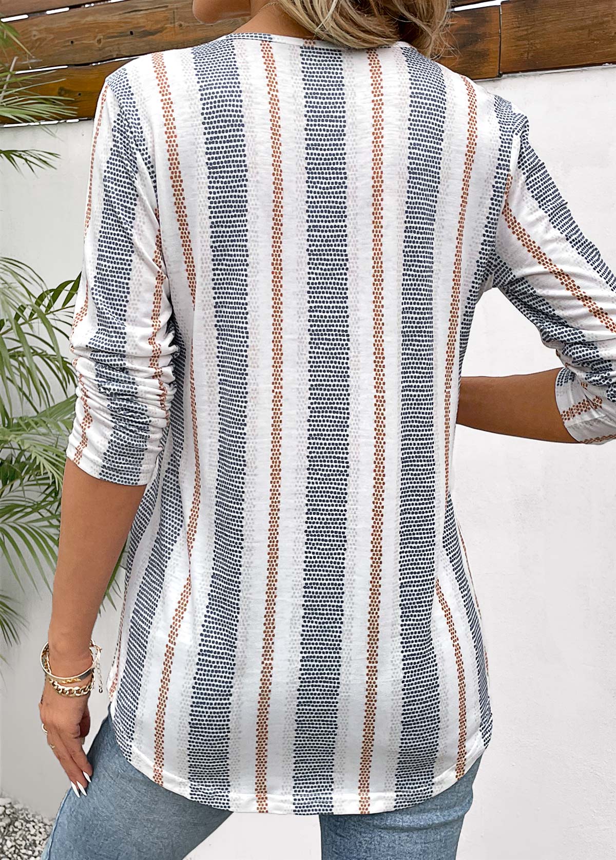 Striped Patchwork Long Sleeve Square Neck T Shirt