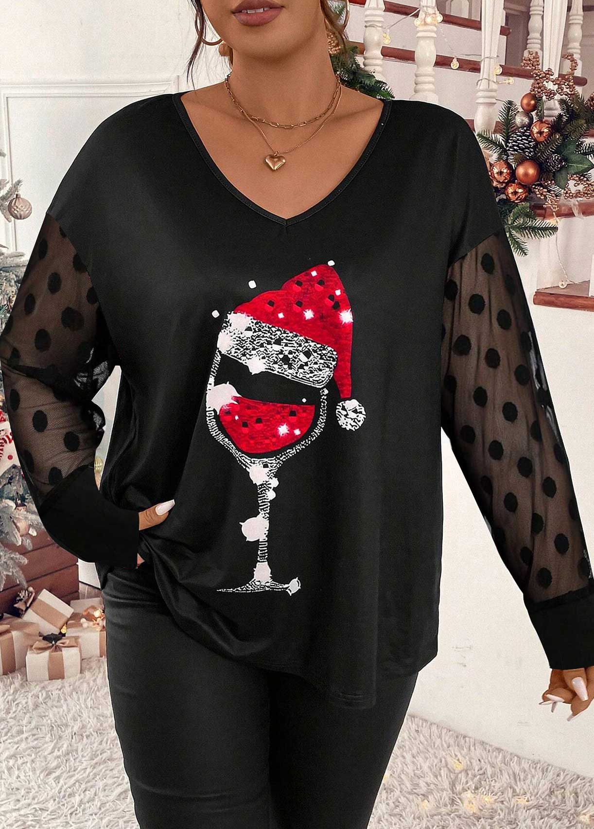 Black Plus Size Mesh Christmas Print T Shirt