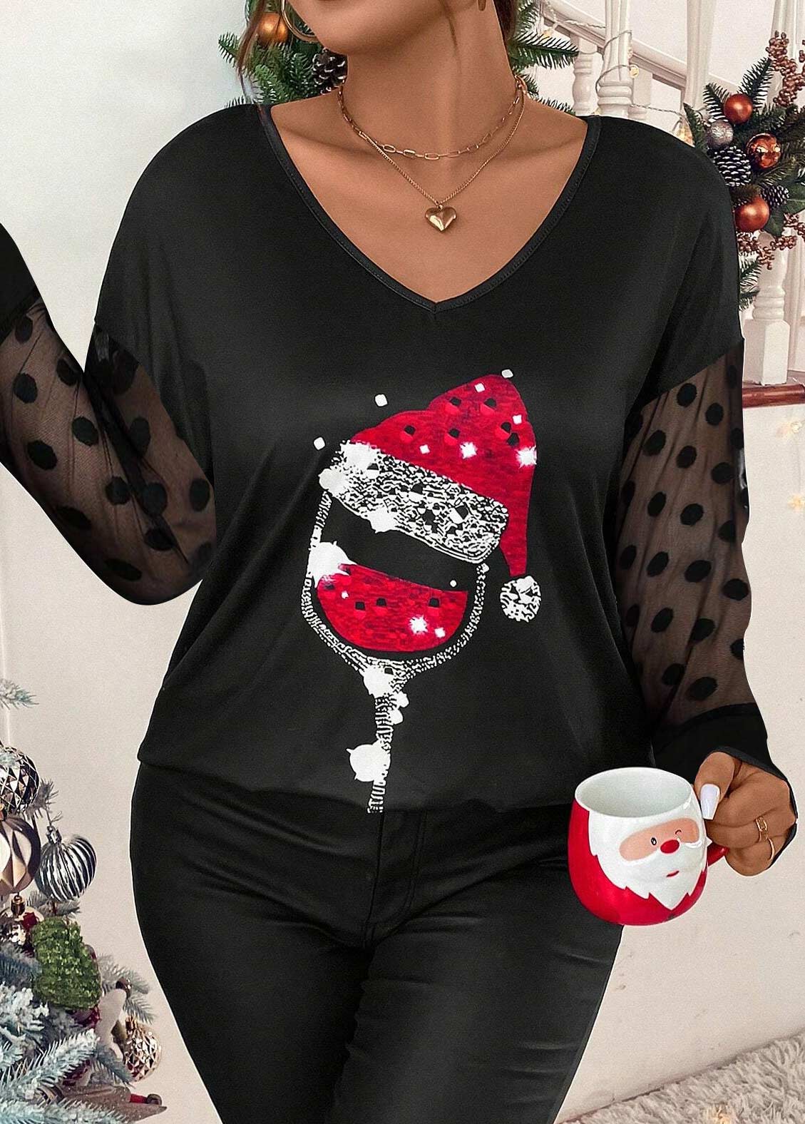 Black Plus Size Mesh Christmas Print T Shirt