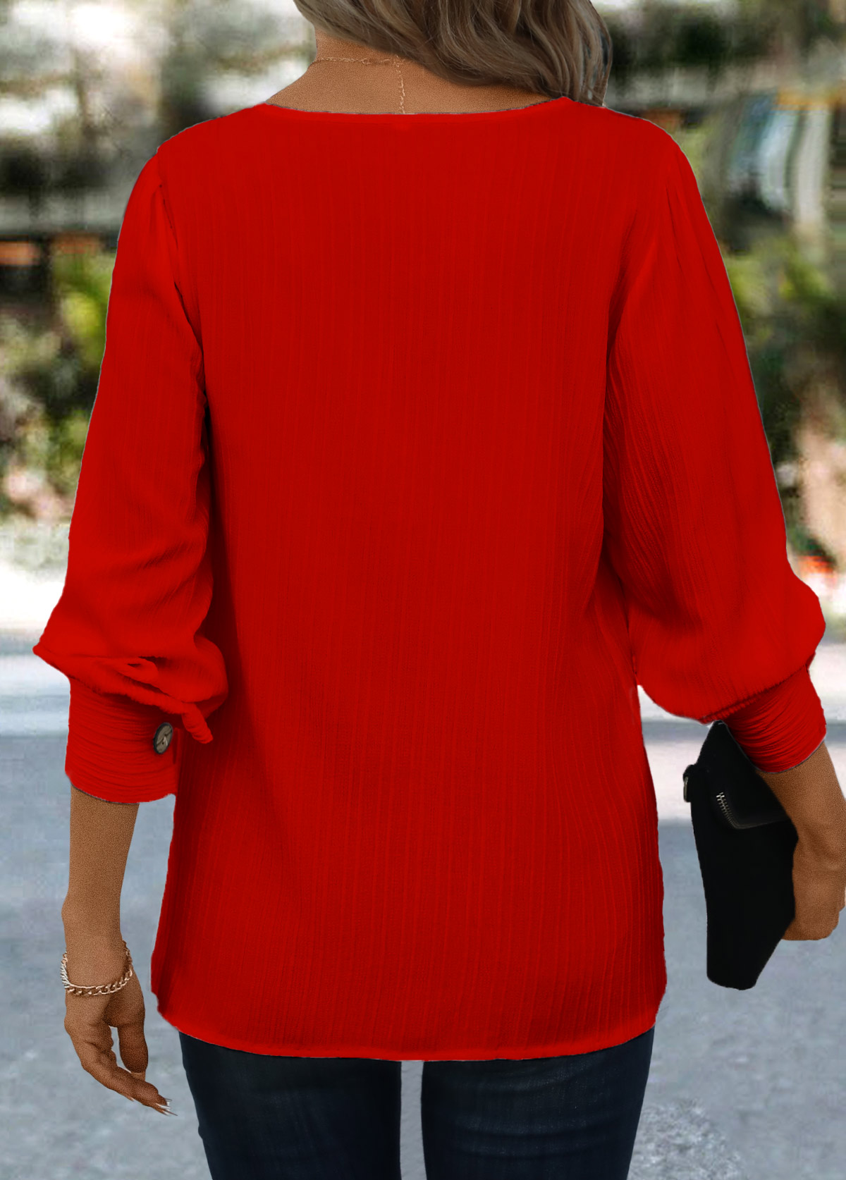 Button Red Long Sleeve Asymmetrical Neck Blouse