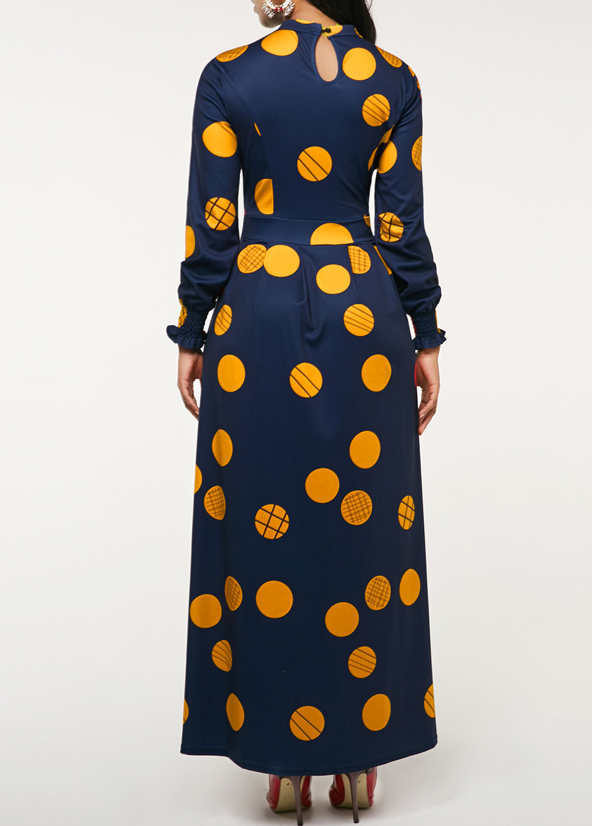 Polka Dot Cut Out Navy Long Sleeve Maxi Dress
