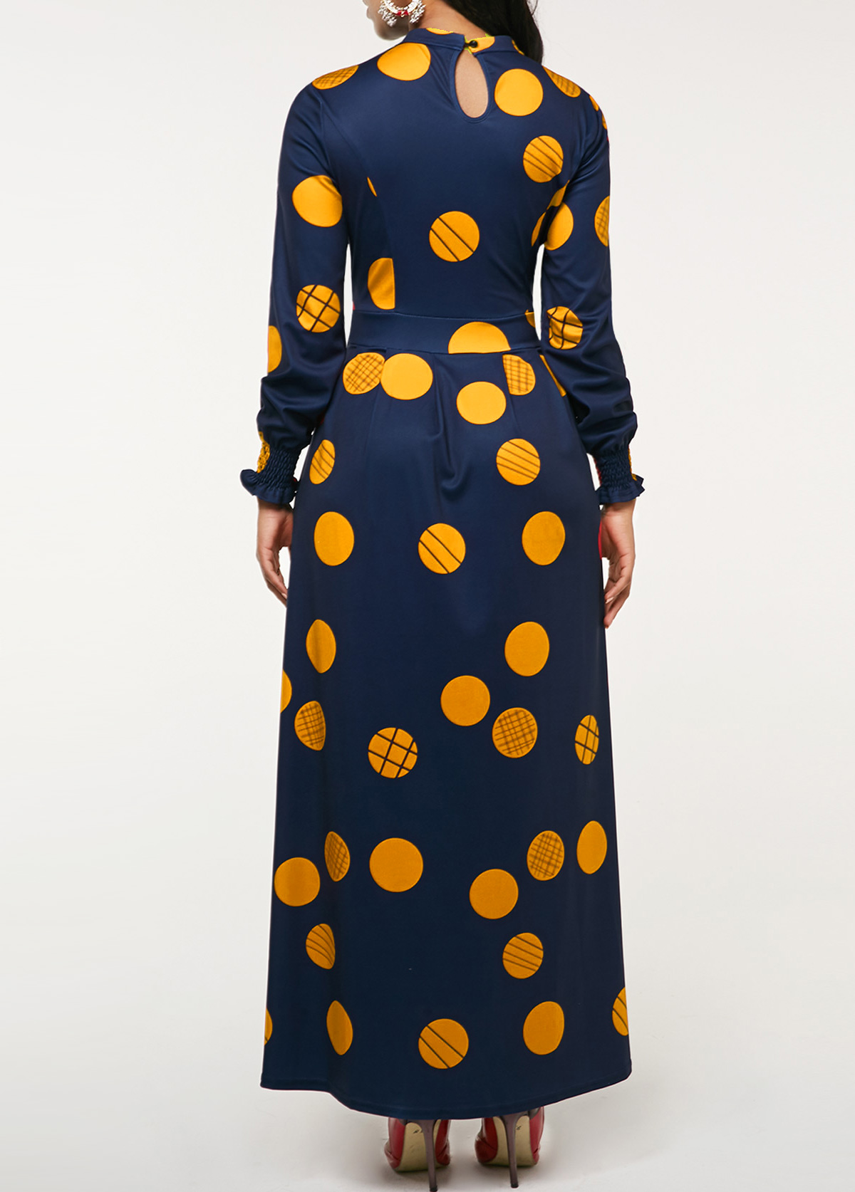 Polka Dot Cut Out Navy Long Sleeve Maxi Dress USD 37.98